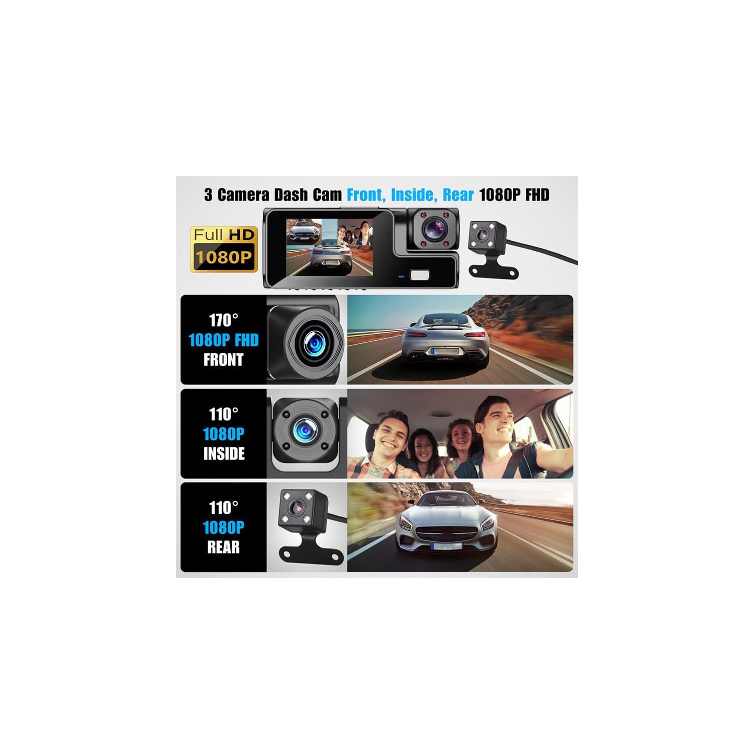 3 Channel Dash Camera for Car Front & Rear Inside Dashcam Car Video Recorder,170° Wide Angle Vehicle Cam,WDR,G-Sensor,Night Vision,Portable Car Dash