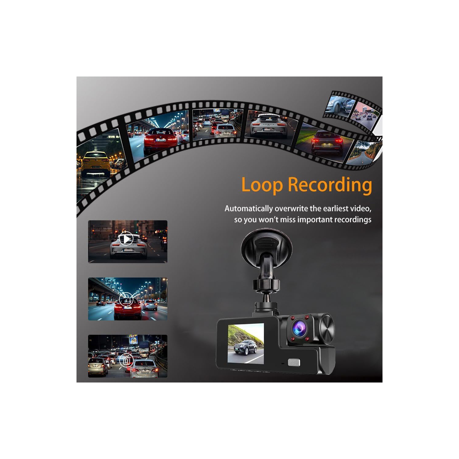 3 Channel Dash Camera for Car Front & Rear Inside Dashcam Car Video Recorder,170° Wide Angle Vehicle Cam,WDR,G-Sensor,Night Vision,Portable Car Dash