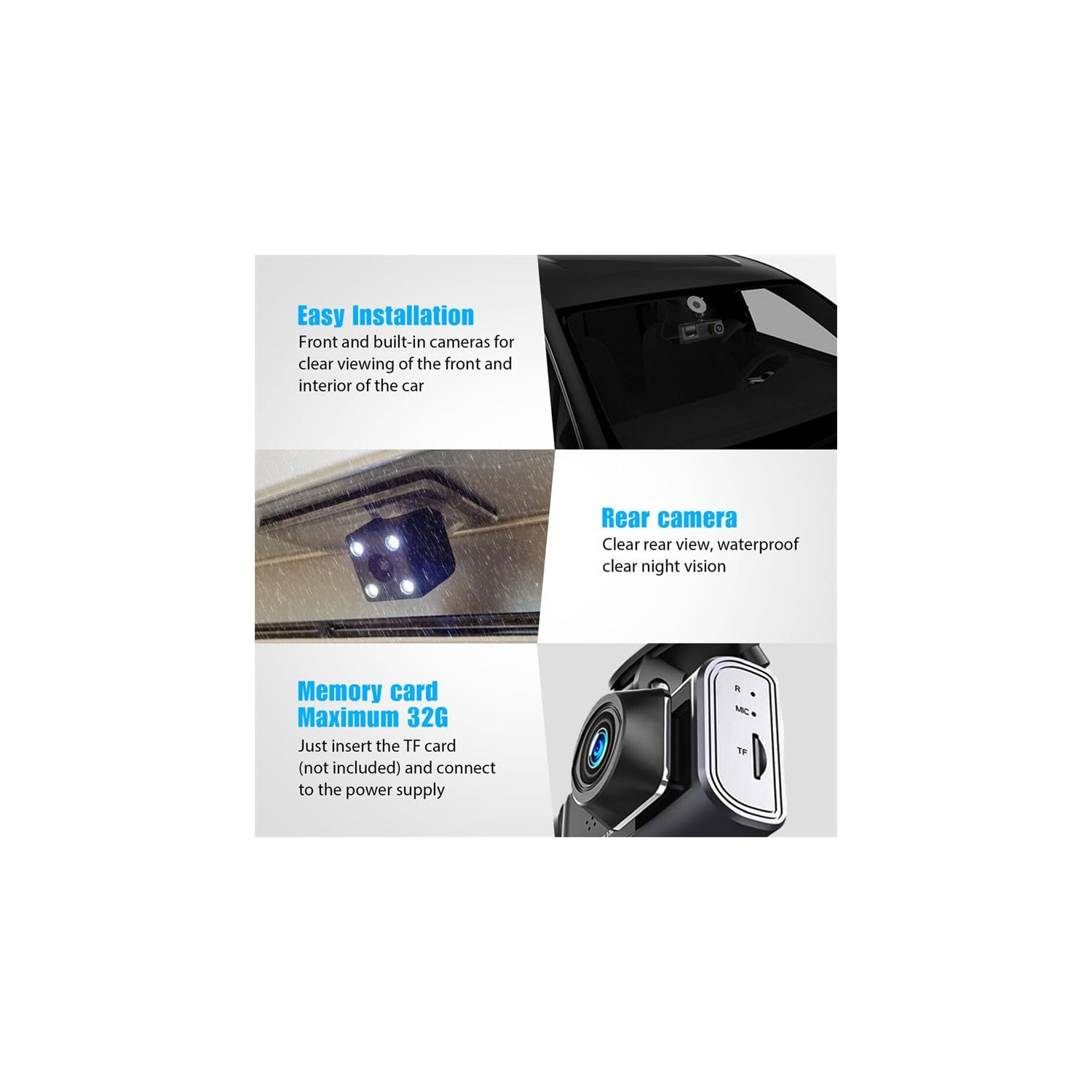 3 Channel Dash Camera for Car Front & Rear Inside Dashcam Car Video Recorder,170° Wide Angle Vehicle Cam,WDR,G-Sensor,Night Vision,Portable Car Dash