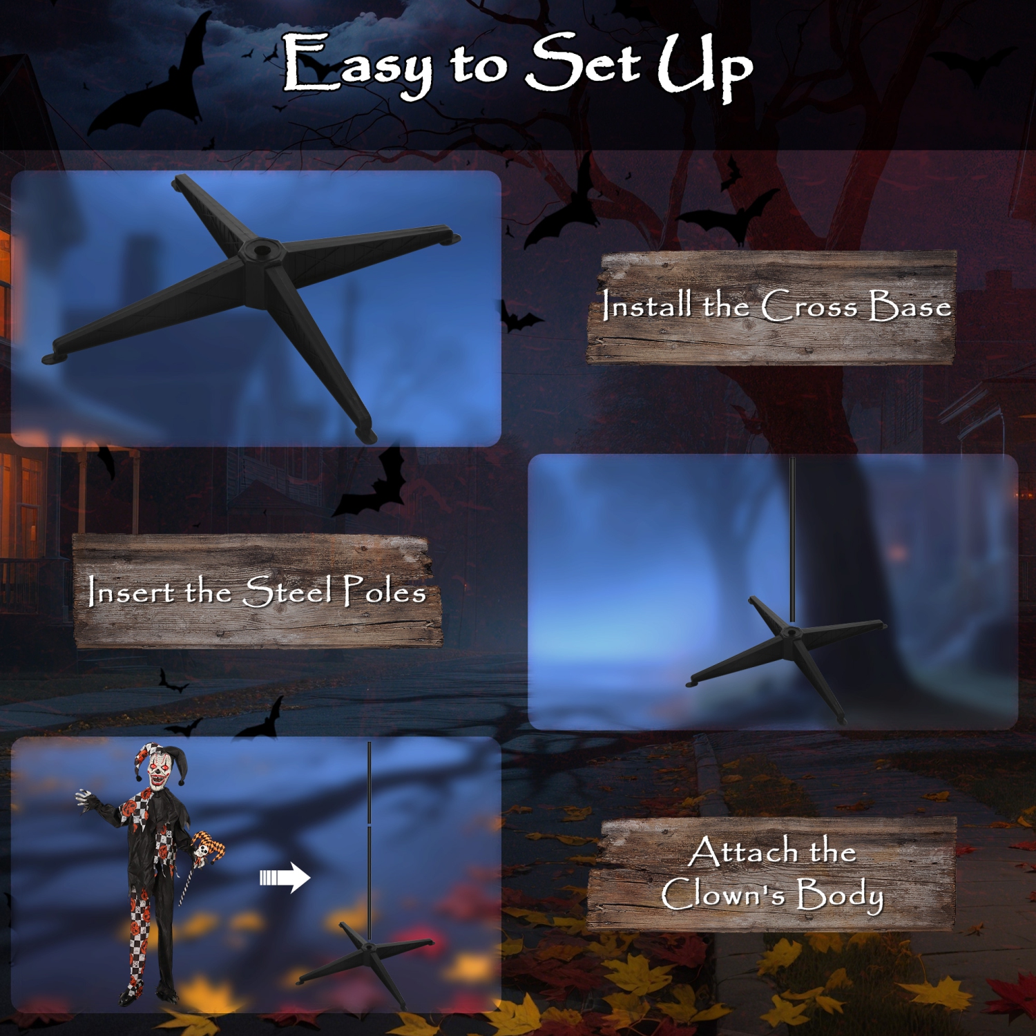 Bâton de clown et de crâne animé d'Halloween Outsunny 6 pi grandeur nature avec yeux rouges lumineux, décorations d'Halloween effrayantes