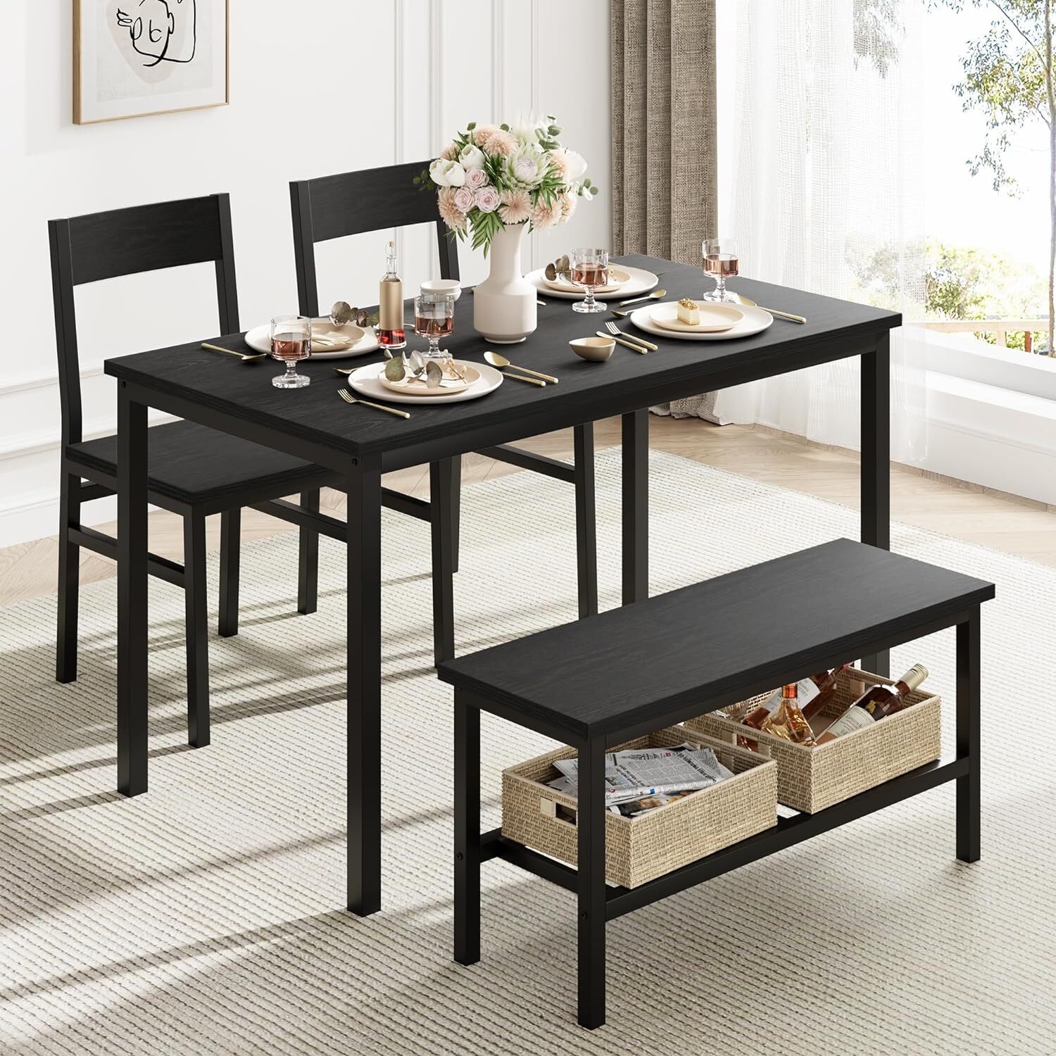 COSTWAY Ensemble Table à Manger Avec 4 Chaises - Table Rectangulaire Faux Marbre Et Chaises Confortables - Noir