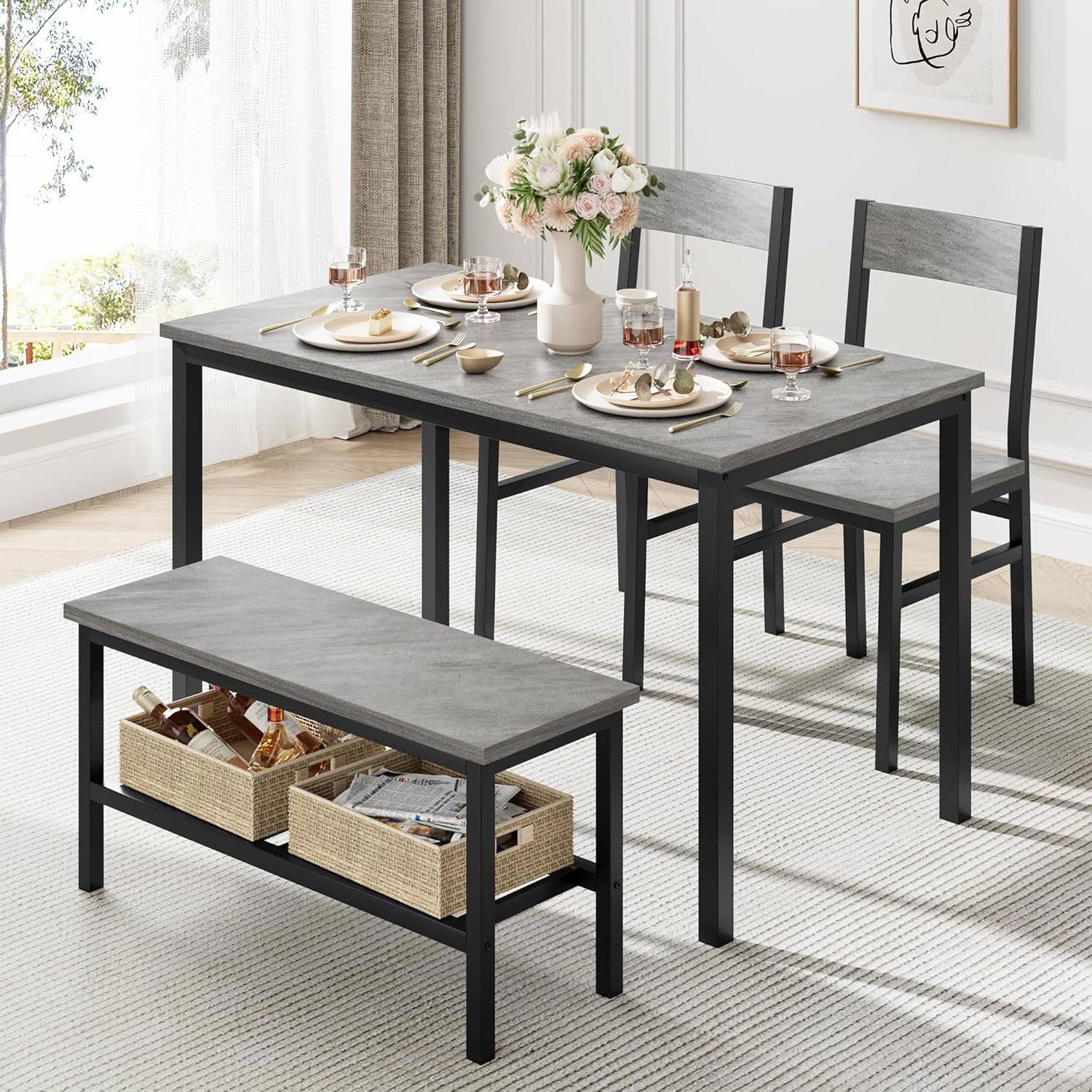Kitchen Dining Table Set for 4 with 2 Chairs, Bench with Storage Rack, Grey