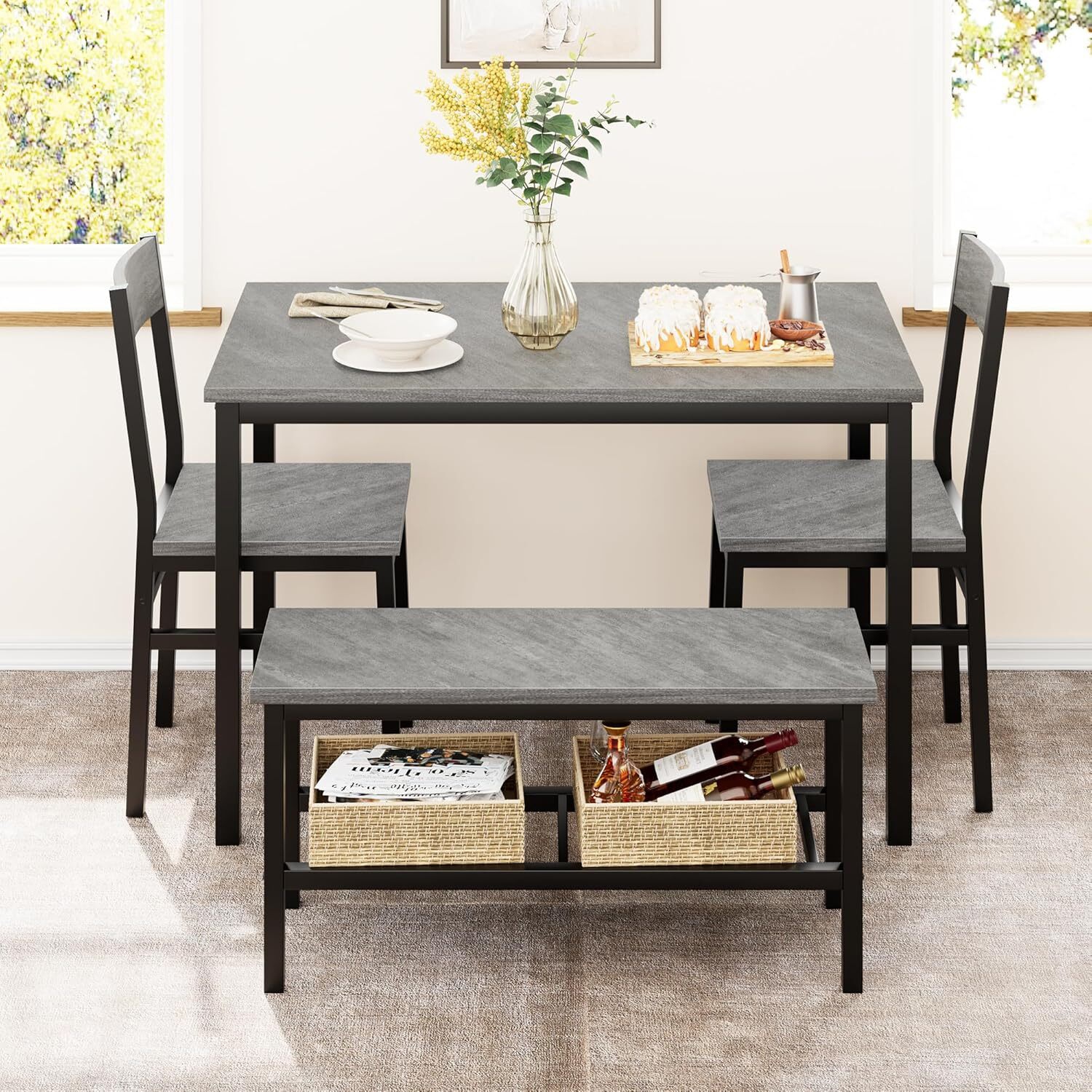 Kitchen Dining Table Set for 4 with 2 Chairs, Bench with Storage Rack, Grey