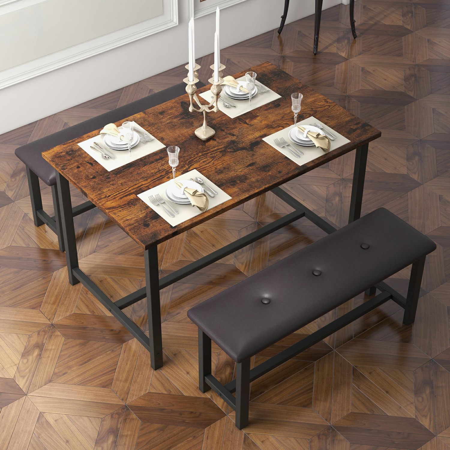 3 Piece Farmhouse Rectangular Dining Room Table Set with 2 Upholstered Bench for Apartment