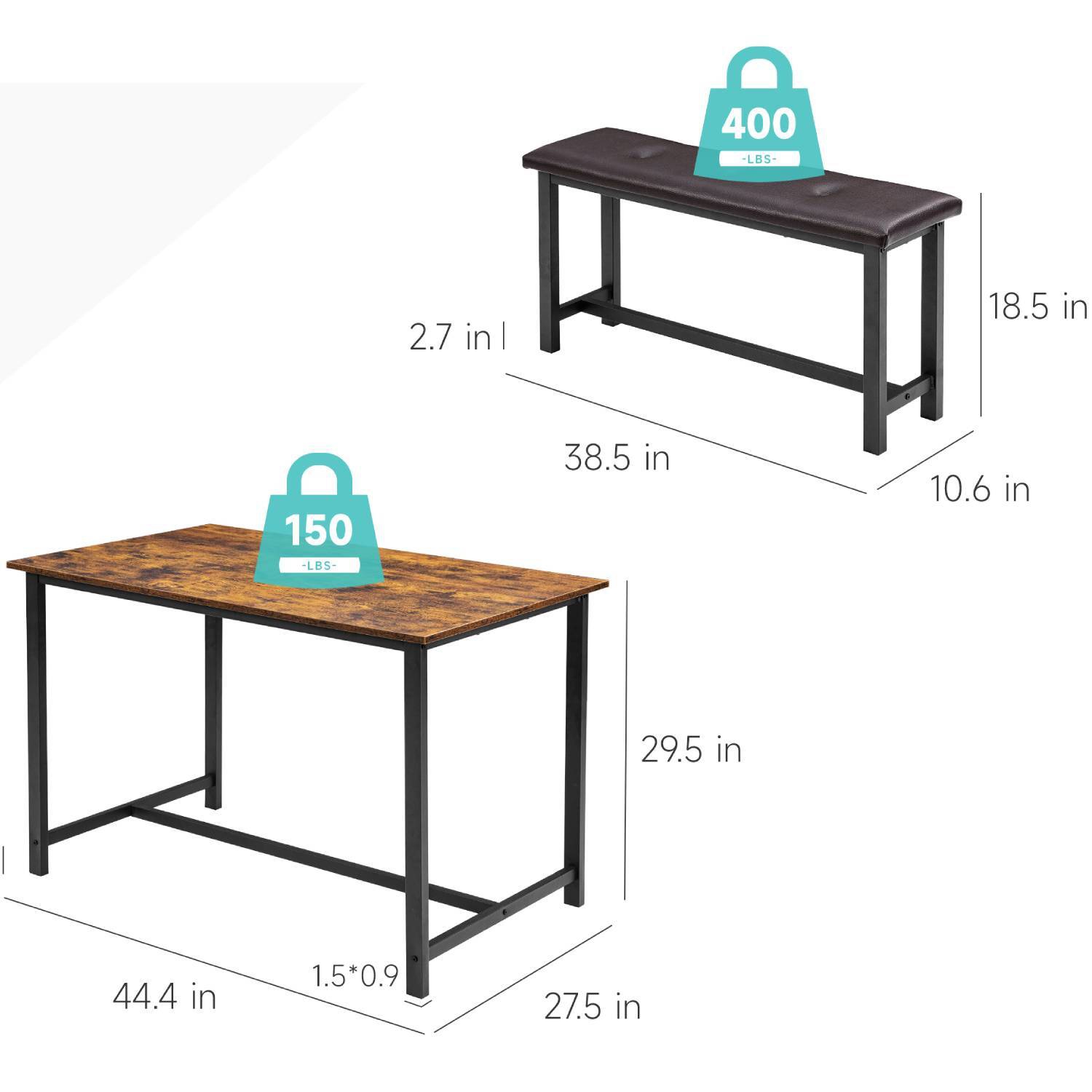 3 Piece Farmhouse Rectangular Dining Room Table Set with 2 Upholstered Bench for Apartment