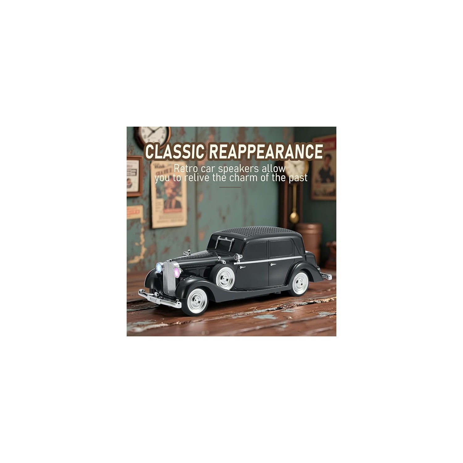 Classic Car Bluetooth Replica Speaker – Wireless HD Sound with FM Radio, TWS Stereo, LED Party Lights, Built-in Microphone Hands-Free Call, Surprise