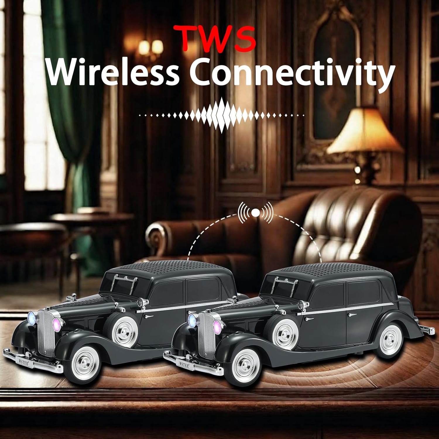 Classic Car Bluetooth Replica Speaker – Wireless HD Sound with FM Radio, TWS Stereo, LED Party Lights, Built-in Microphone Hands-Free Call, Surprise