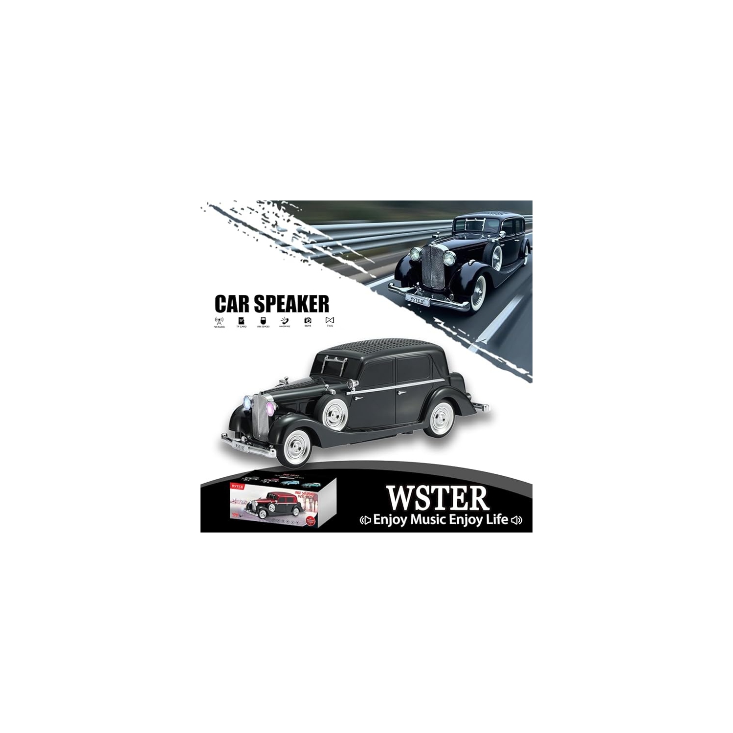 Classic Car Bluetooth Replica Speaker – Wireless HD Sound with FM Radio, TWS Stereo, LED Party Lights, Built-in Microphone Hands-Free Call, Surprise