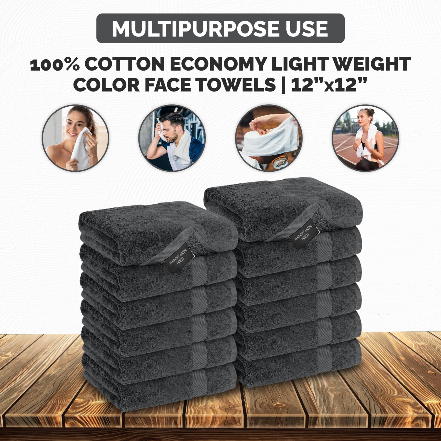 Canadian Linen Grey Washcloth Set 12”x12”, 12 Pack 100% Cotton Absorbent Quick Dry Economy Face Wash Cloths for Kitchen, Cleaning, Spa, Salon, Barber