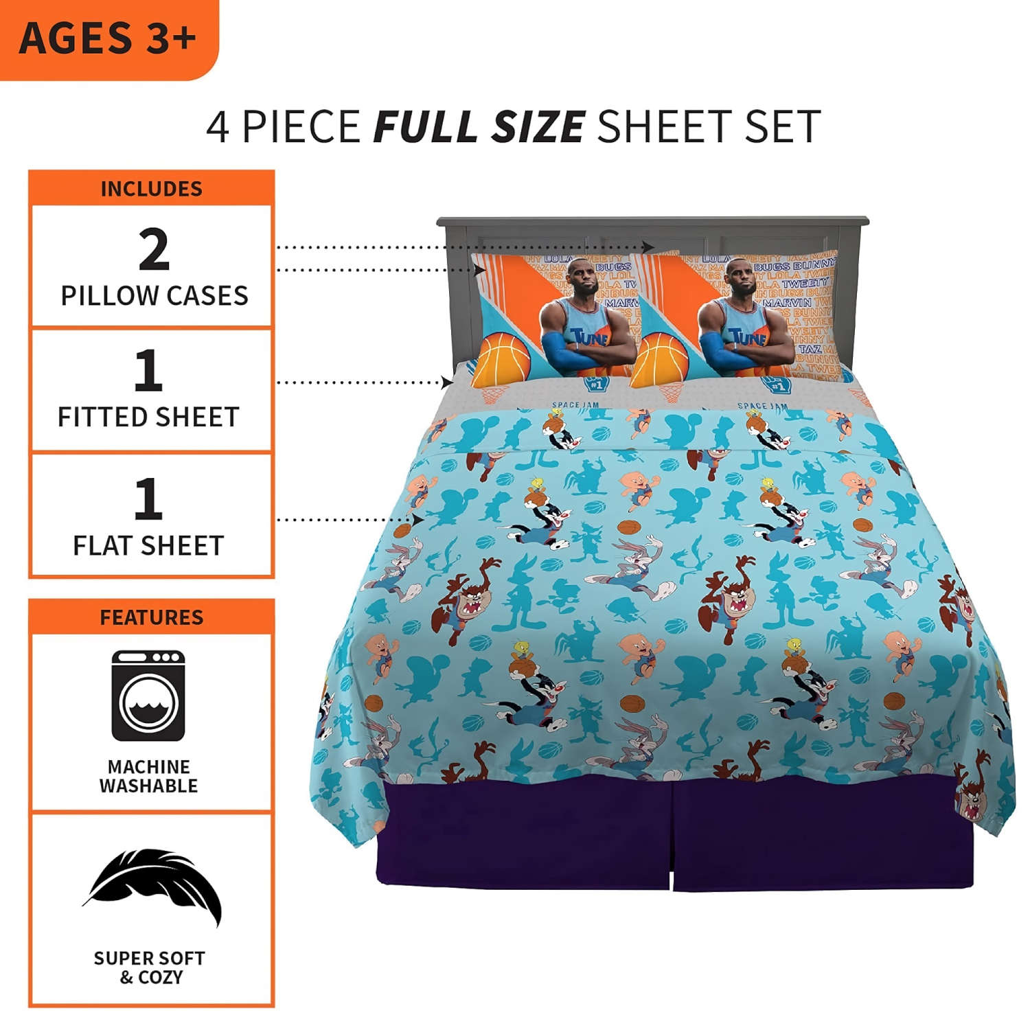 Ensemble de draps 4 pièces pour enfants, lit double, ensemble de draps en microfibre souple Cartoon avec drap-housse, drap plat, 2 taies d'oreiller