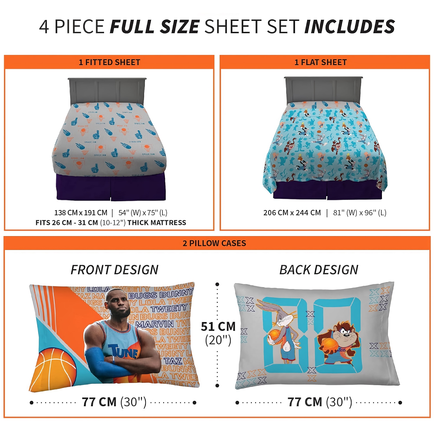Ensemble de draps 4 pièces pour enfants, lit double, ensemble de draps en microfibre souple Cartoon avec drap-housse, drap plat, 2 taies d'oreiller