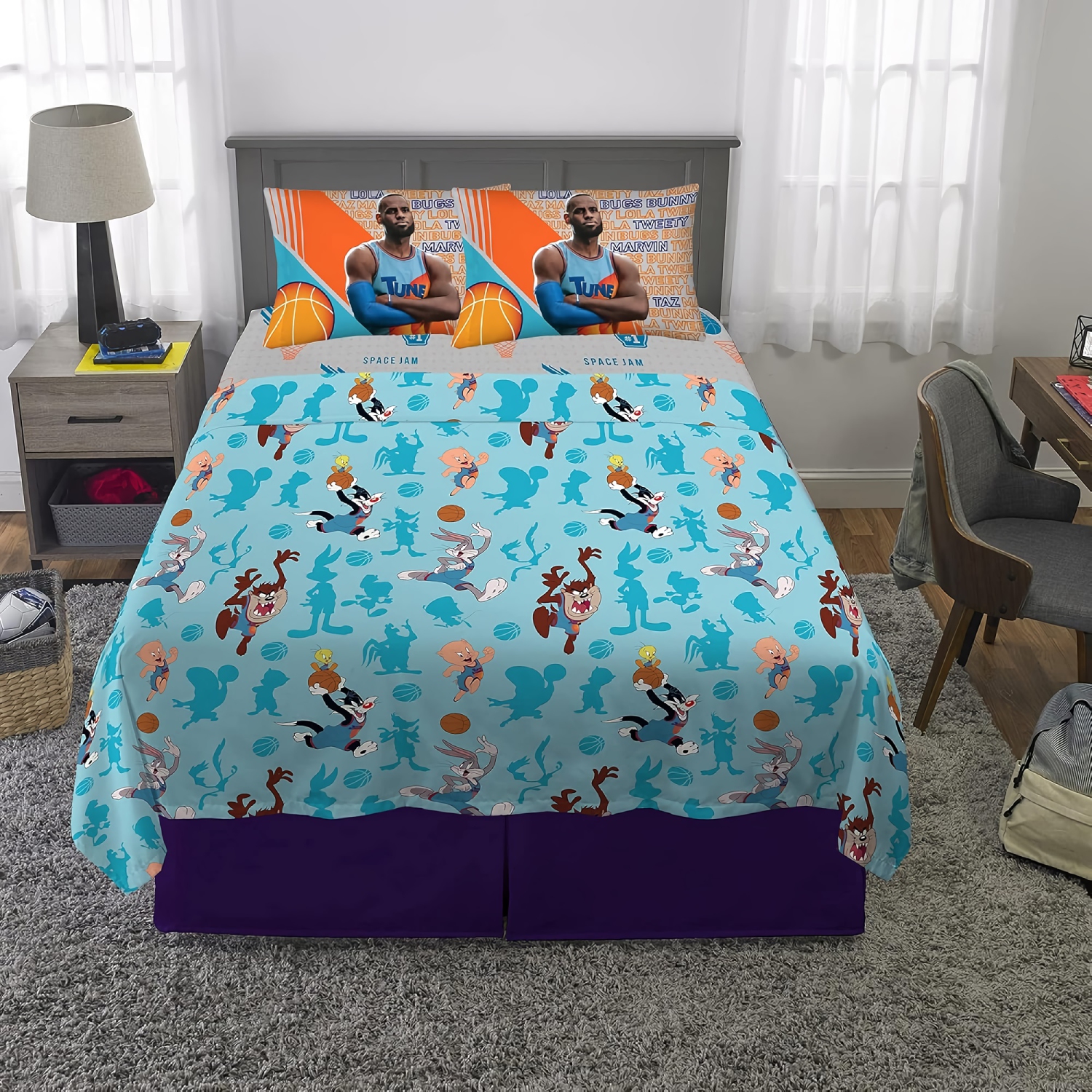 Ensemble de draps 4 pièces pour enfants, lit double, ensemble de draps en microfibre souple Cartoon avec drap-housse, drap plat, 2 taies d'oreiller