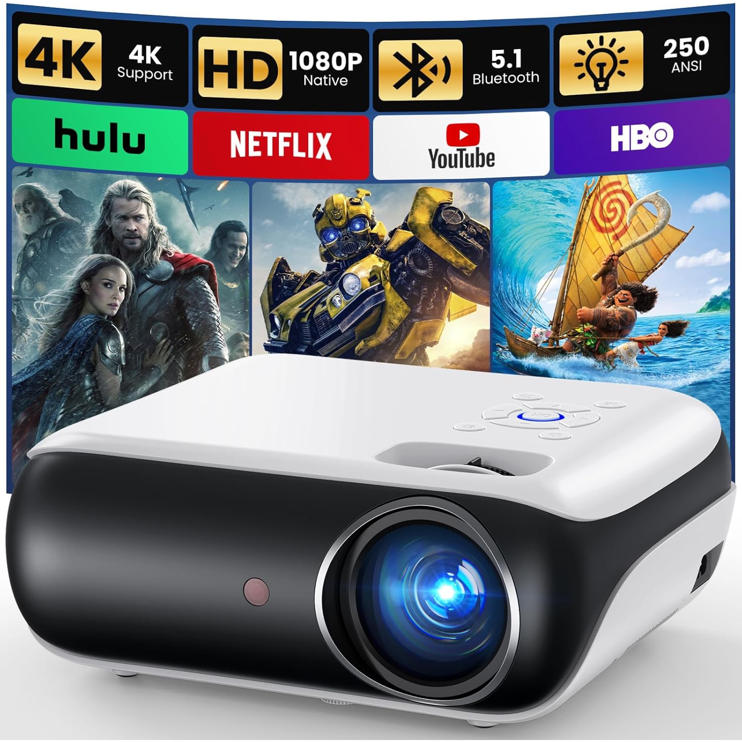 HAPPRUN Native 1080P Bluetooth Projector, Full HD Portable Outdoor Movie Projector with Built-in Speaker, Compatible with Smartphone, HDMI, USB, AV,