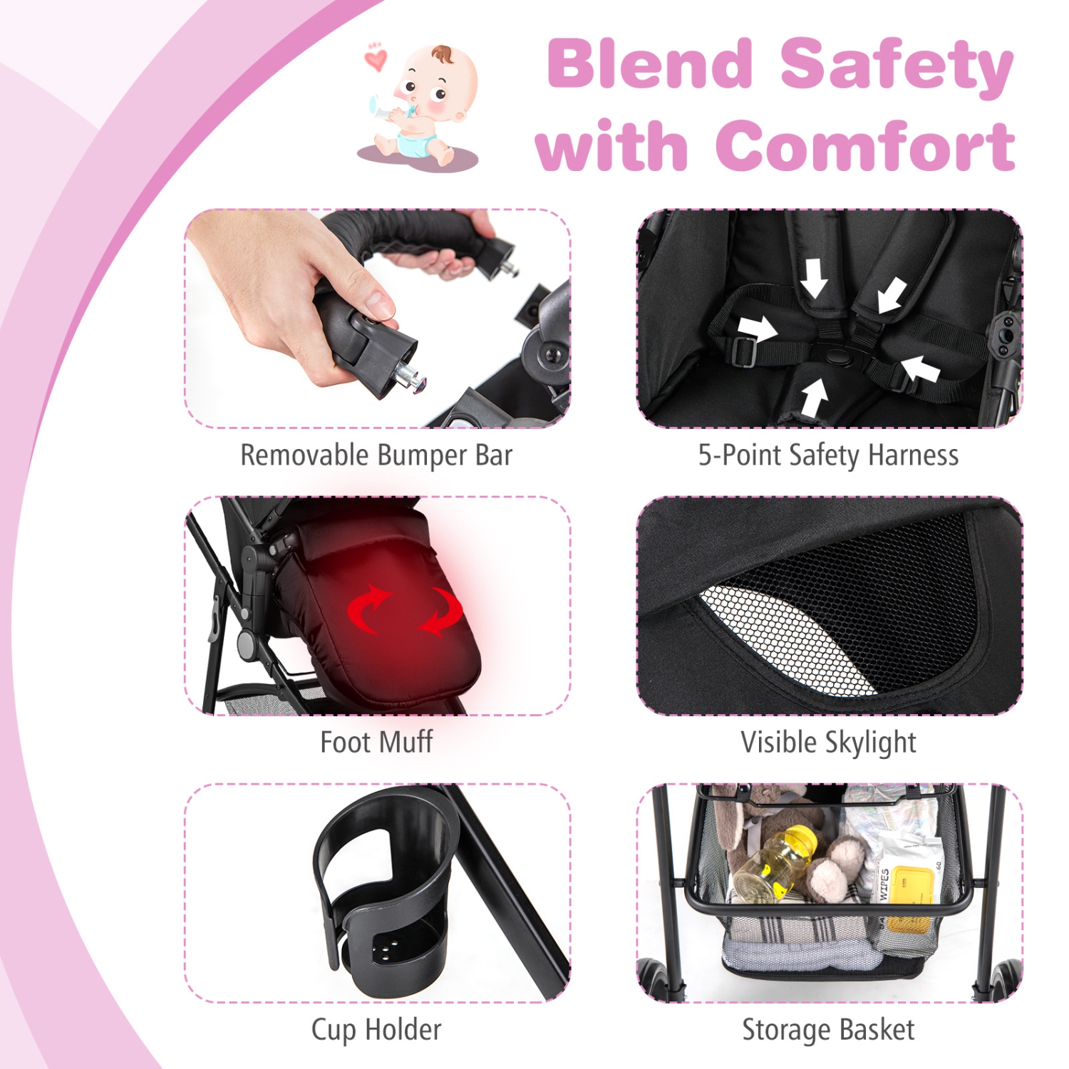 Poussette pliable 2-en-1 pour bébé voyage nouveau-né Buggy poussette poussette pour bébé gris/noir/café/rose de Babyjoy