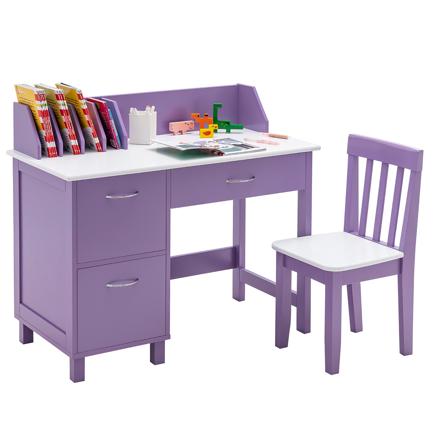 Costway Kids Wooden Study Desk & Chair Writing Table w/Drawer Storage Cabinet