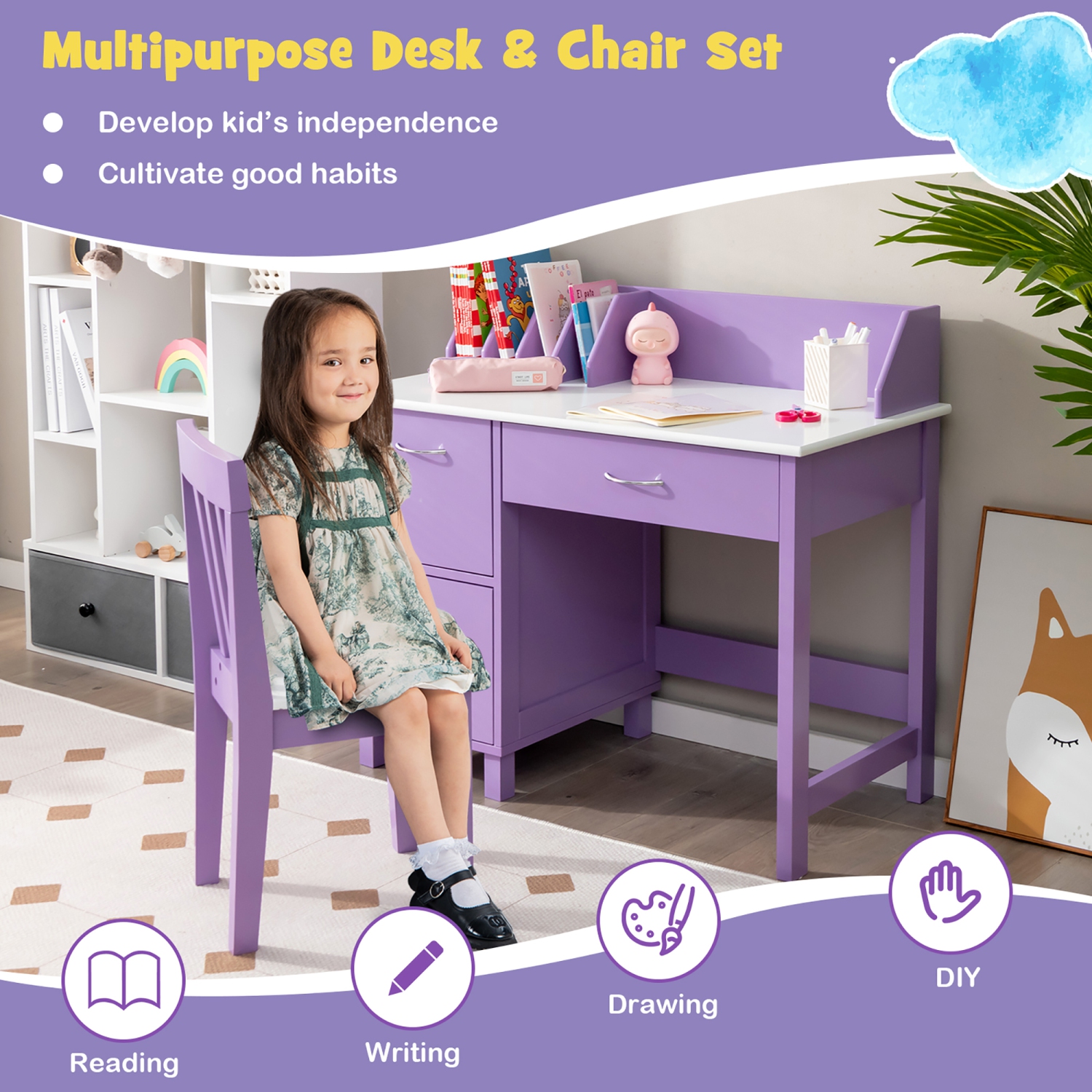 Costway Kids Wooden Study Desk & Chair Writing Table w/Drawer Storage Cabinet