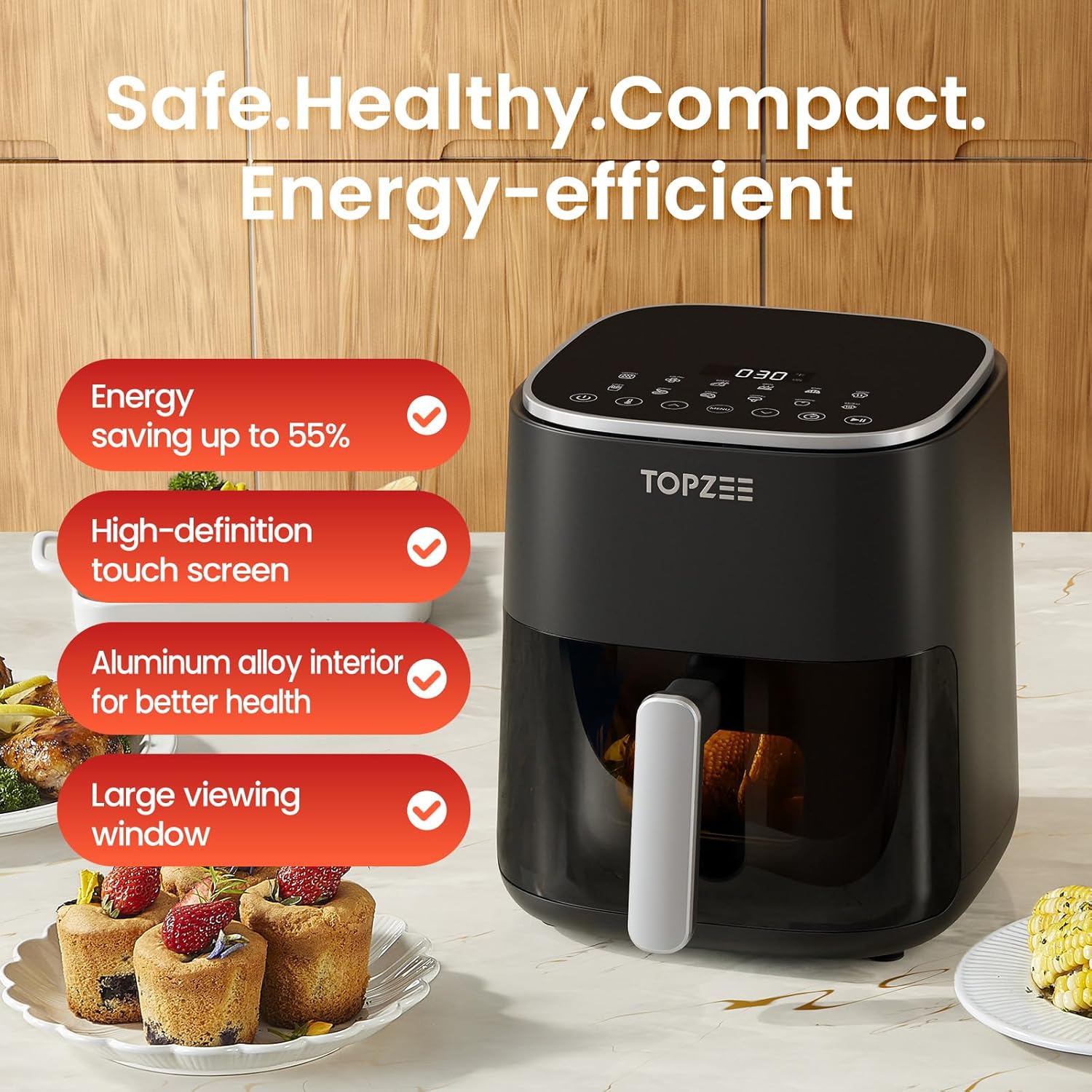 TOPZEE Air Fryer 12-in-1 with 5.5 QT Large Capacity, Compact Air Fryer, 100-400℉ Precise Heat, 360°Hot Air Circulation, 95% Less Oil, Bake, Dry,