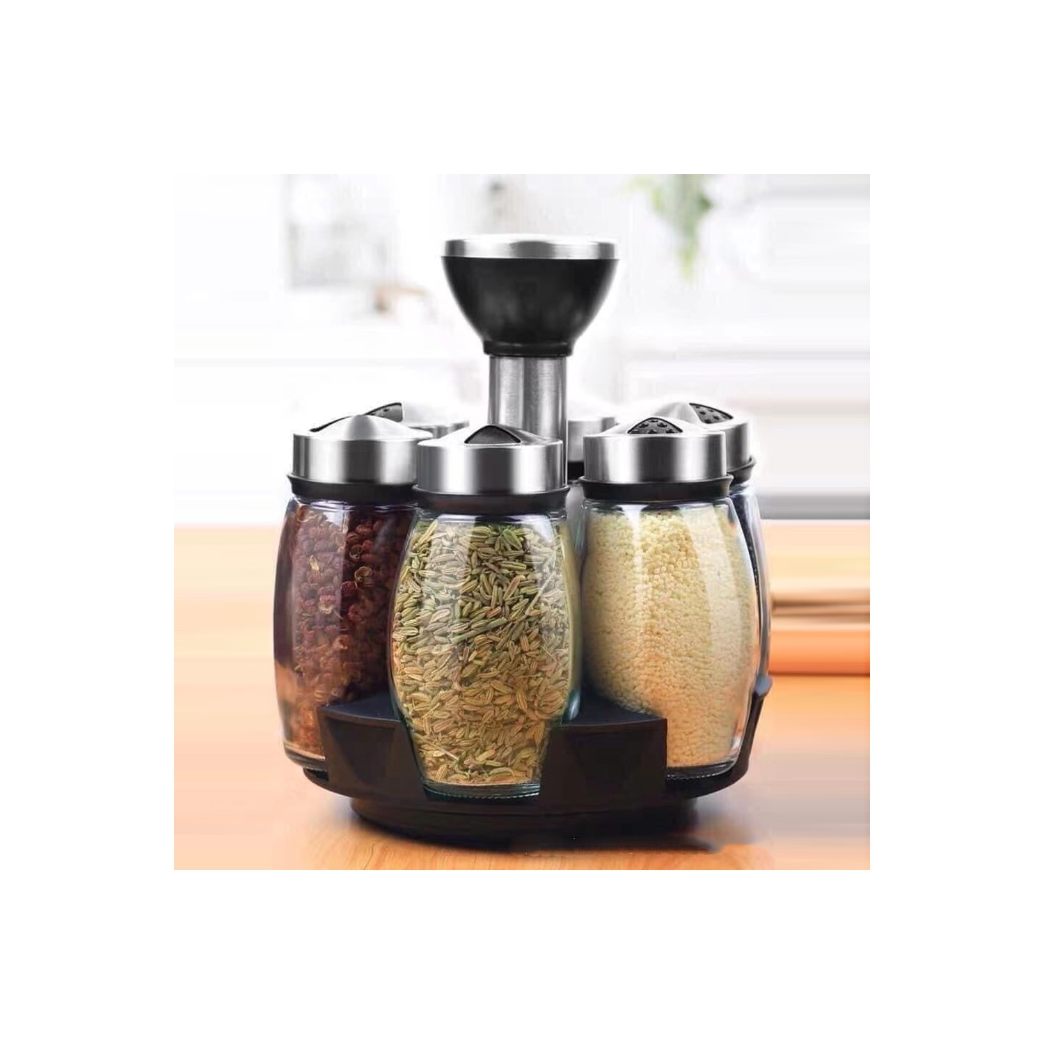 Support à épices AxGear, 6 bouteilles d'assaisonnement, range-tout de comptoir en acier inoxydable rotatif