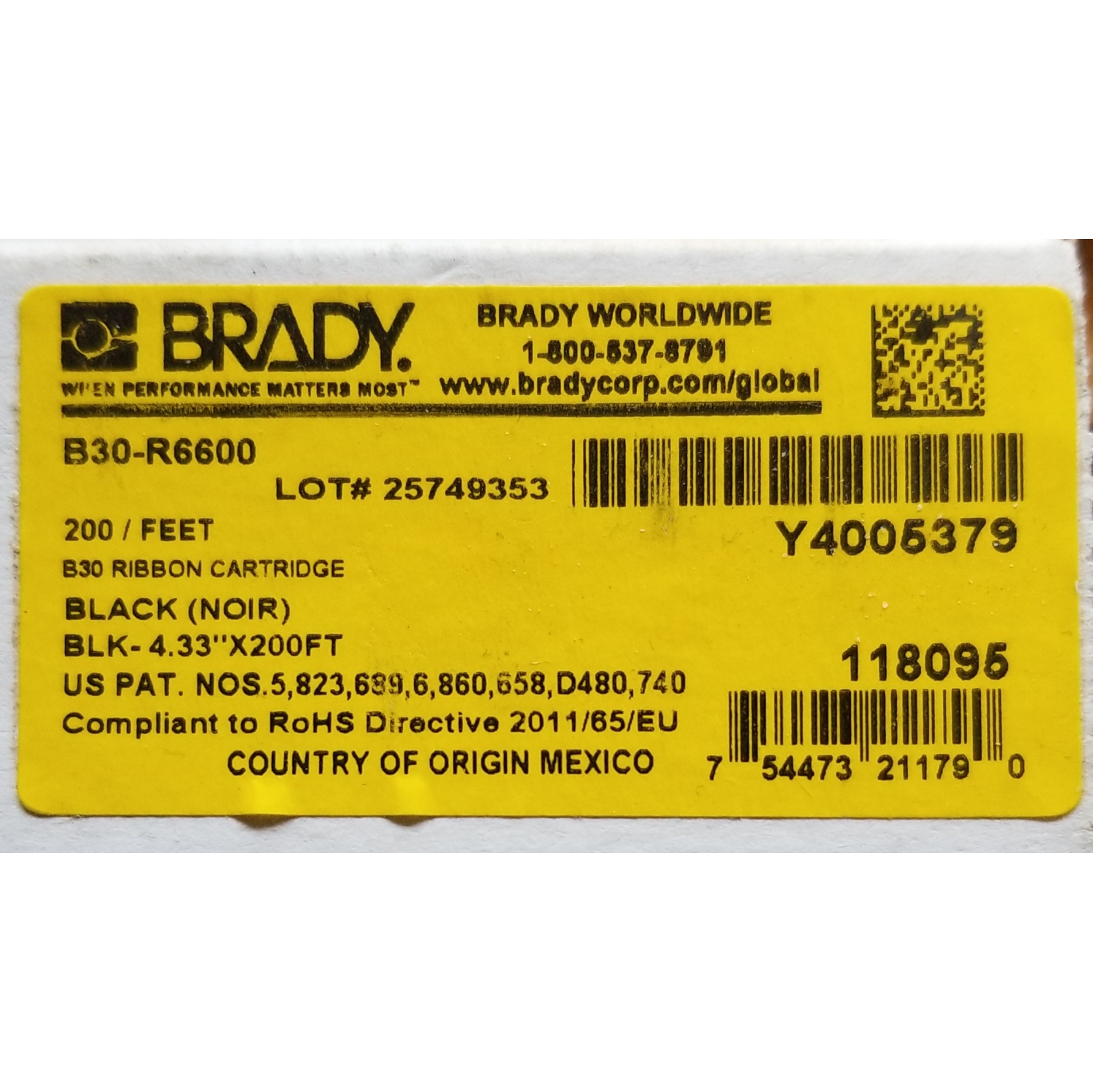 Brady B30-R6600 Black Ribbon Cartridge