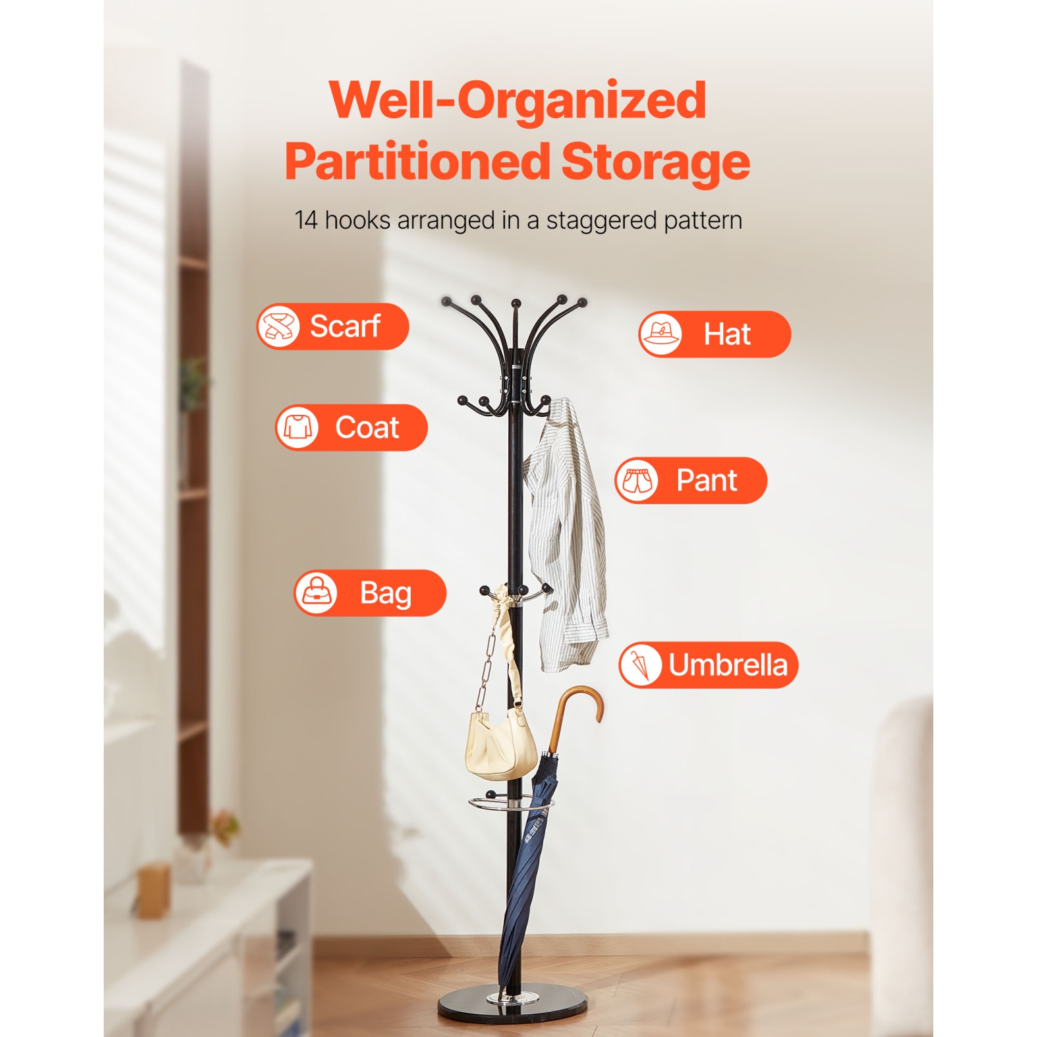 Portemanteau autonome à 14 crochets VEVOR, porte-manteaux en métal avec porte-parapluie, base en marbre stable, portemanteau pour entrée, chambre,