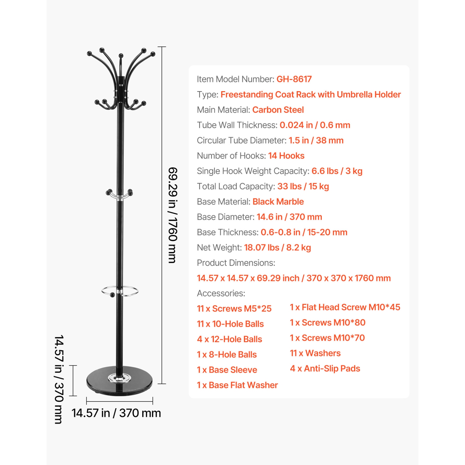 Portemanteau autonome à 14 crochets VEVOR, porte-manteaux en métal avec porte-parapluie, base en marbre stable, portemanteau pour entrée, chambre,