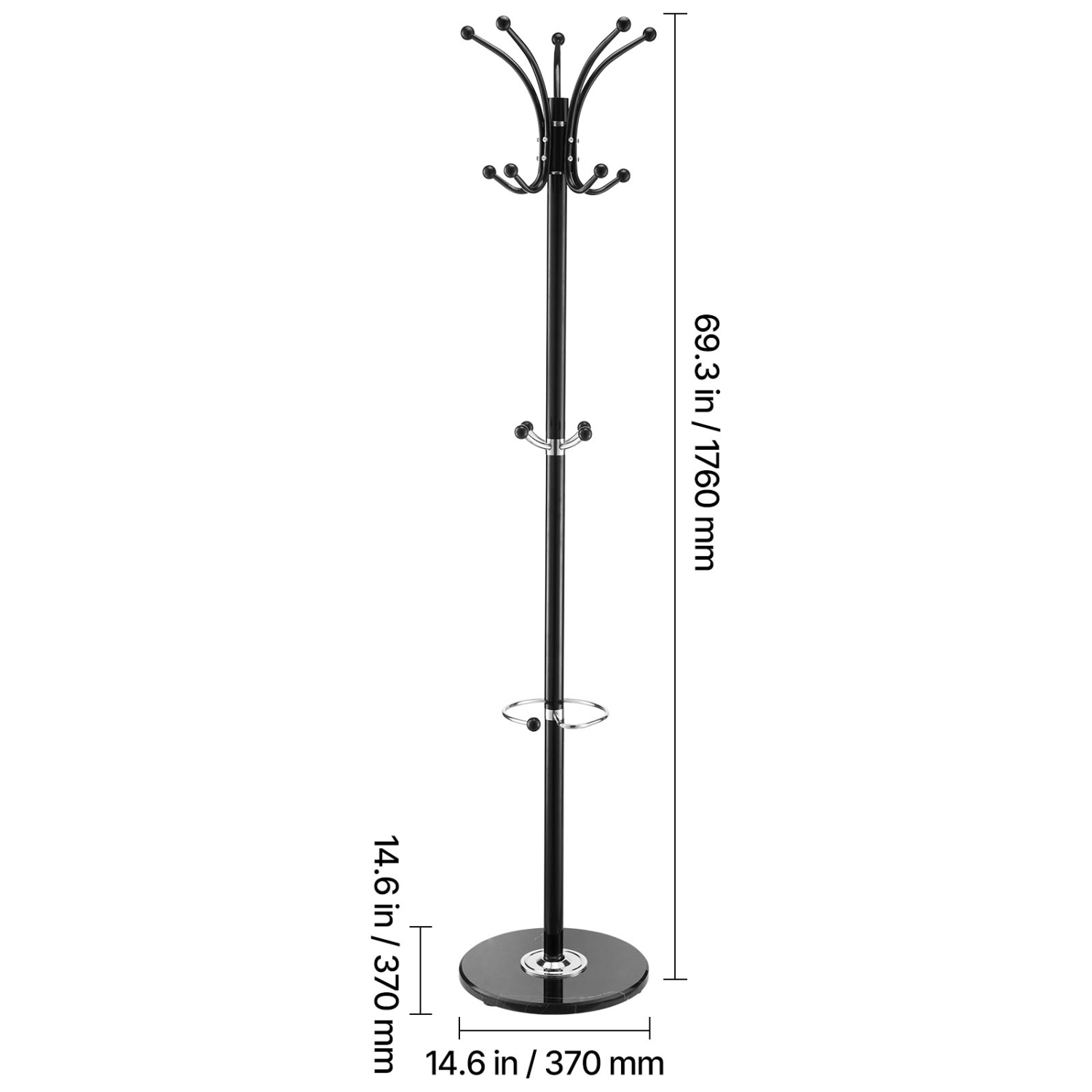 Portemanteau autonome à 14 crochets VEVOR, porte-manteaux en métal avec porte-parapluie, base en marbre stable, portemanteau pour entrée, chambre,