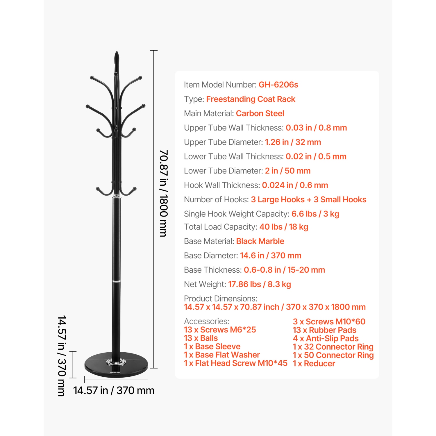 Portemanteau autoportant VEVOR 6 crochets, porte-manteaux avec base en marbre stable, portemanteau autonome pour entrée, chambre, bureau, salon,