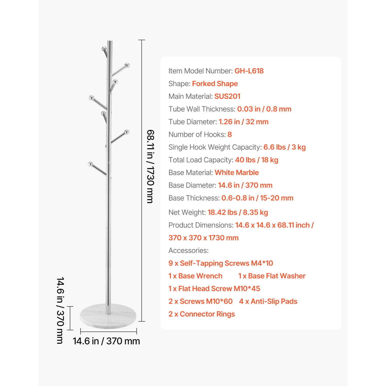 Portemanteau à 8 crochets VEVOR, porte-manteaux autonome avec base en marbre stable, portemanteau autonome pour entrée, chambre, bureau, salon,