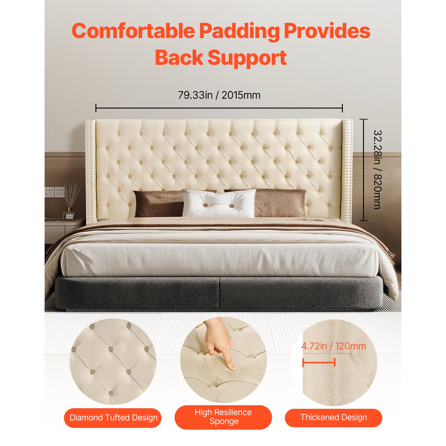 VEVOR King Size Headboard, Headboard with Adjustable Height, Comfortable Diamond Tufted for King Size Bed, W84.1 x H x D 8.27 in, Ideal for Bedroom,