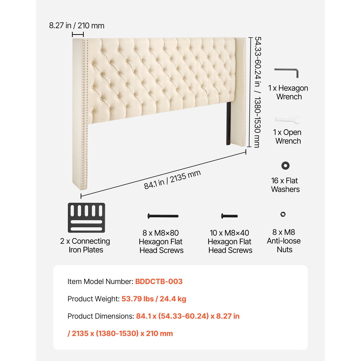 VEVOR King Size Headboard, Headboard with Adjustable Height, Comfortable Diamond Tufted for King Size Bed, W84.1 x H x D 8.27 in, Ideal for Bedroom,
