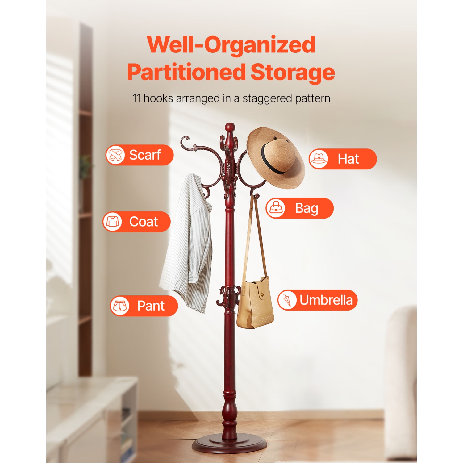 Portemanteau autoportant VEVOR 11 crochets, porte-manteaux en bois avec base lestée, portemanteau autonome pour entrée, chambre, salon, cintre moderne