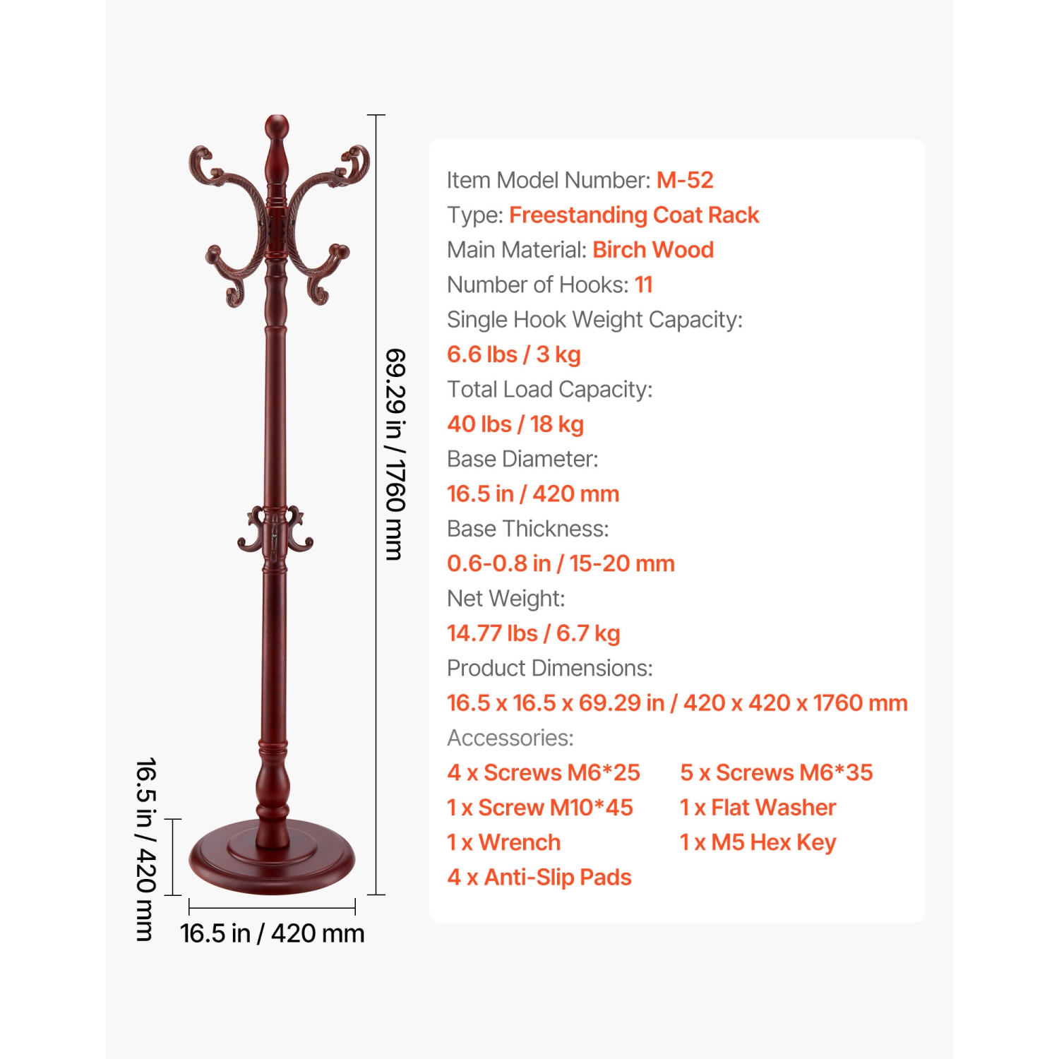 Portemanteau autoportant VEVOR 11 crochets, porte-manteaux en bois avec base lestée, portemanteau autonome pour entrée, chambre, salon, cintre moderne