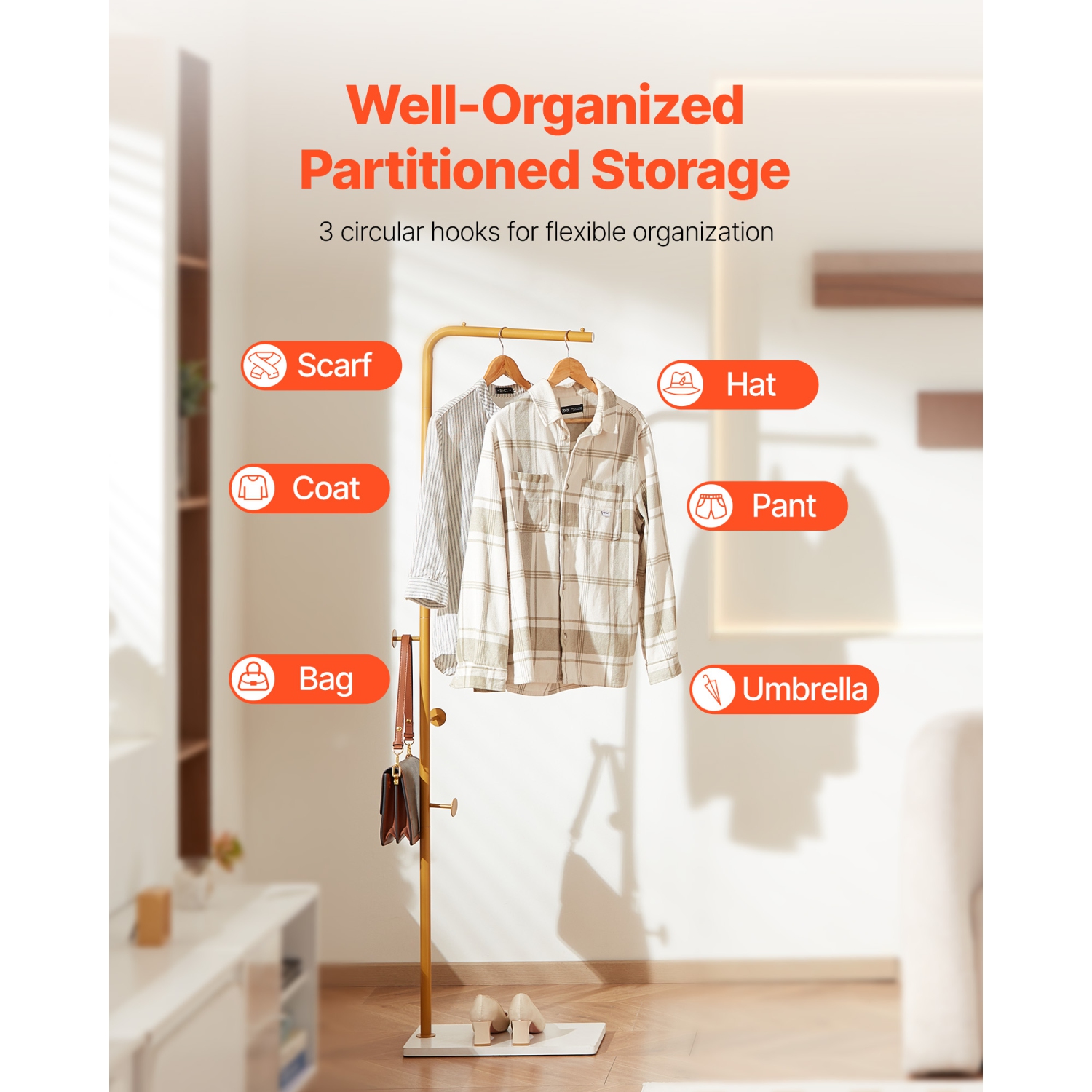 Portemanteau à 3 crochets ronds VEVOR, porte-manteaux autonome avec base en pierre à quartz, portemanteau autonome pour entrée, chambre, salon,