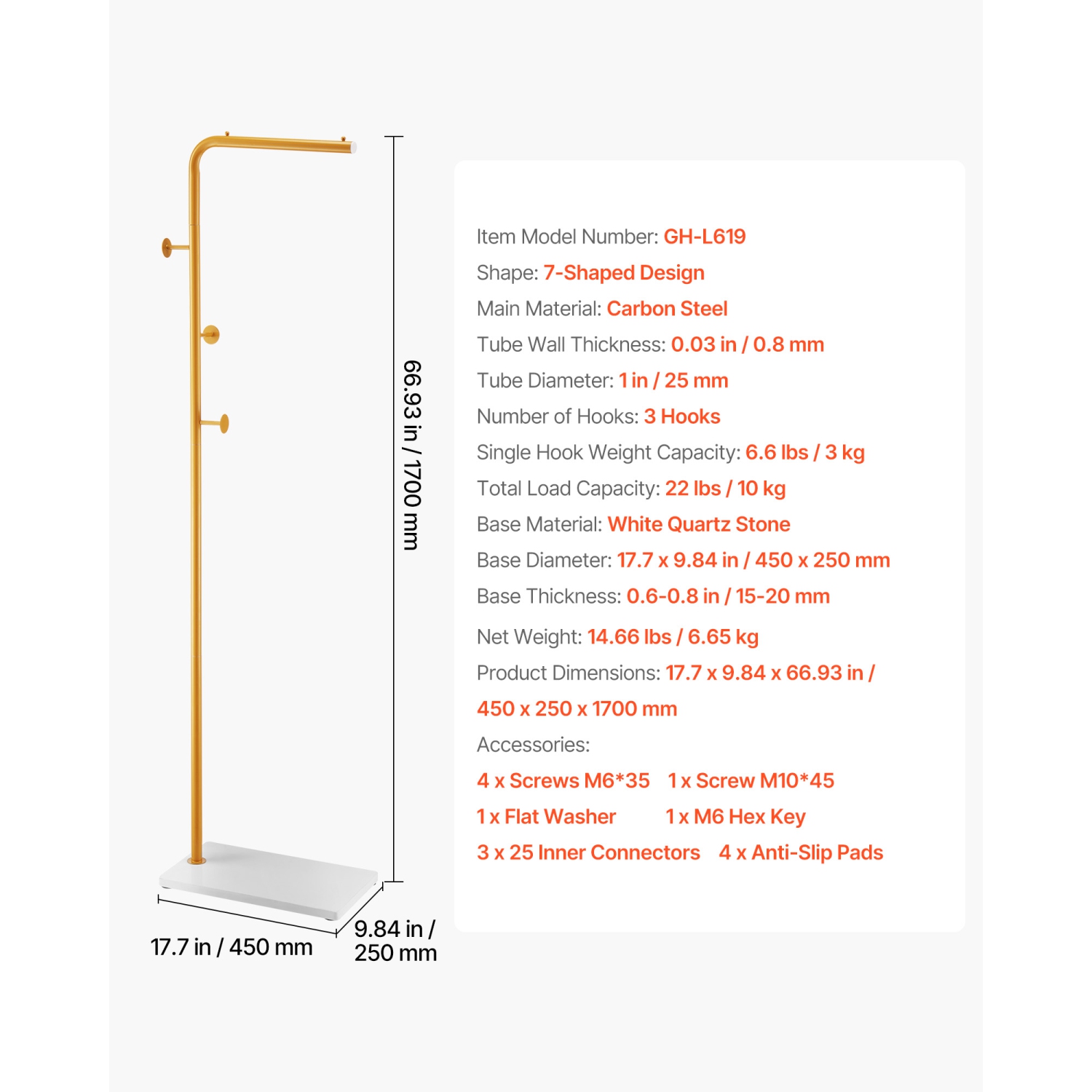 Portemanteau à 3 crochets ronds VEVOR, porte-manteaux autonome avec base en pierre à quartz, portemanteau autonome pour entrée, chambre, salon,