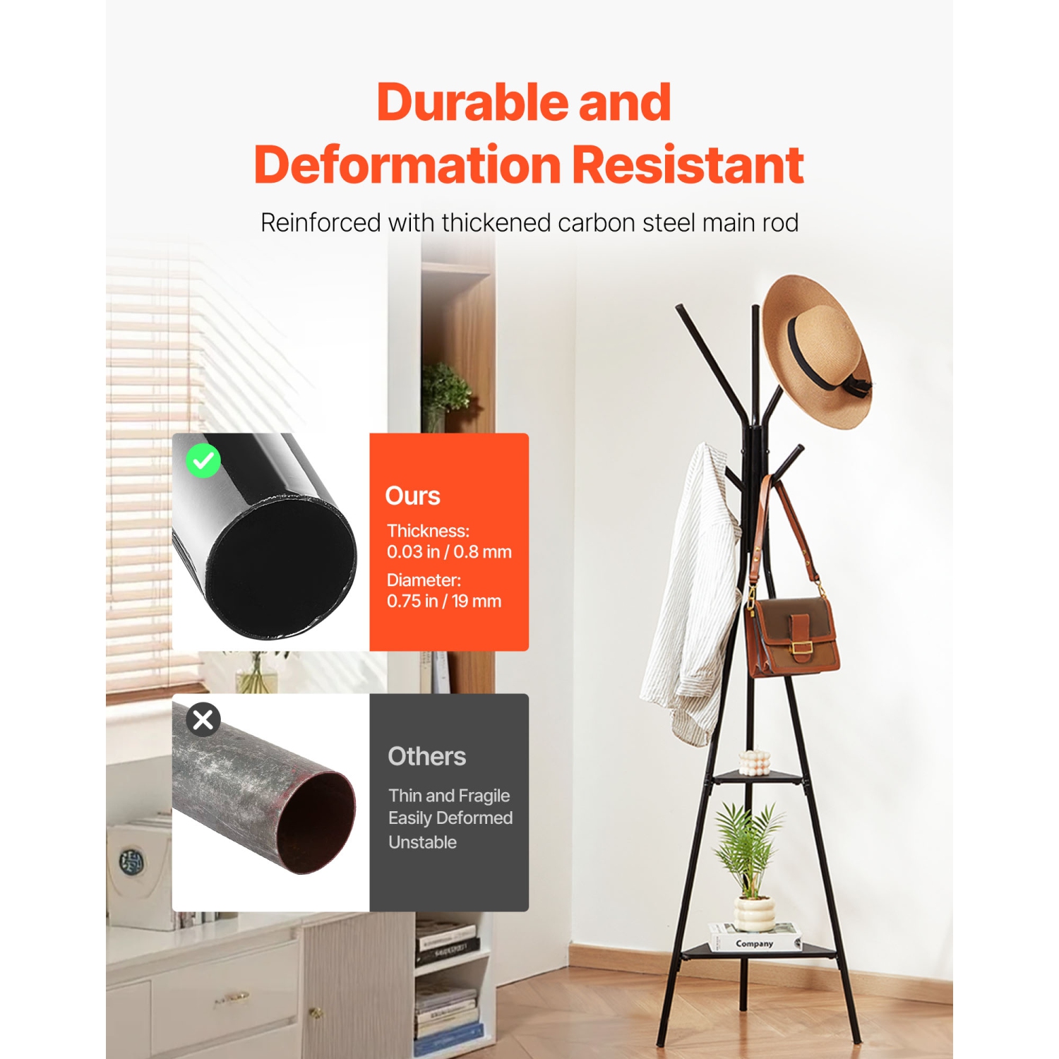 Portemanteau à 6 crochets VEVOR, support à manteaux autonome à 2 tablettes, portemanteau autonome pour entrée, chambre, salon, support à vêtements