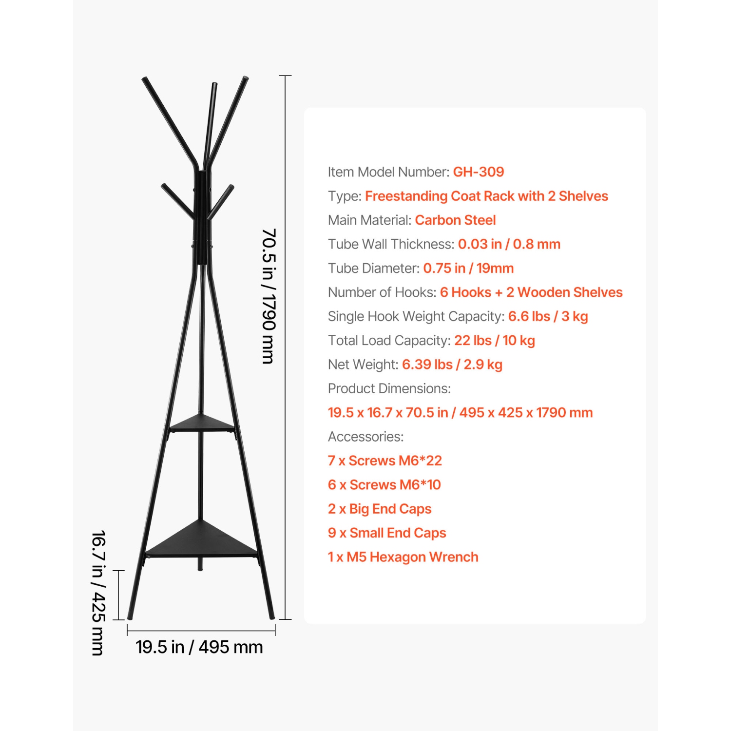 Portemanteau à 6 crochets VEVOR, support à manteaux autonome à 2 tablettes, portemanteau autonome pour entrée, chambre, salon, support à vêtements