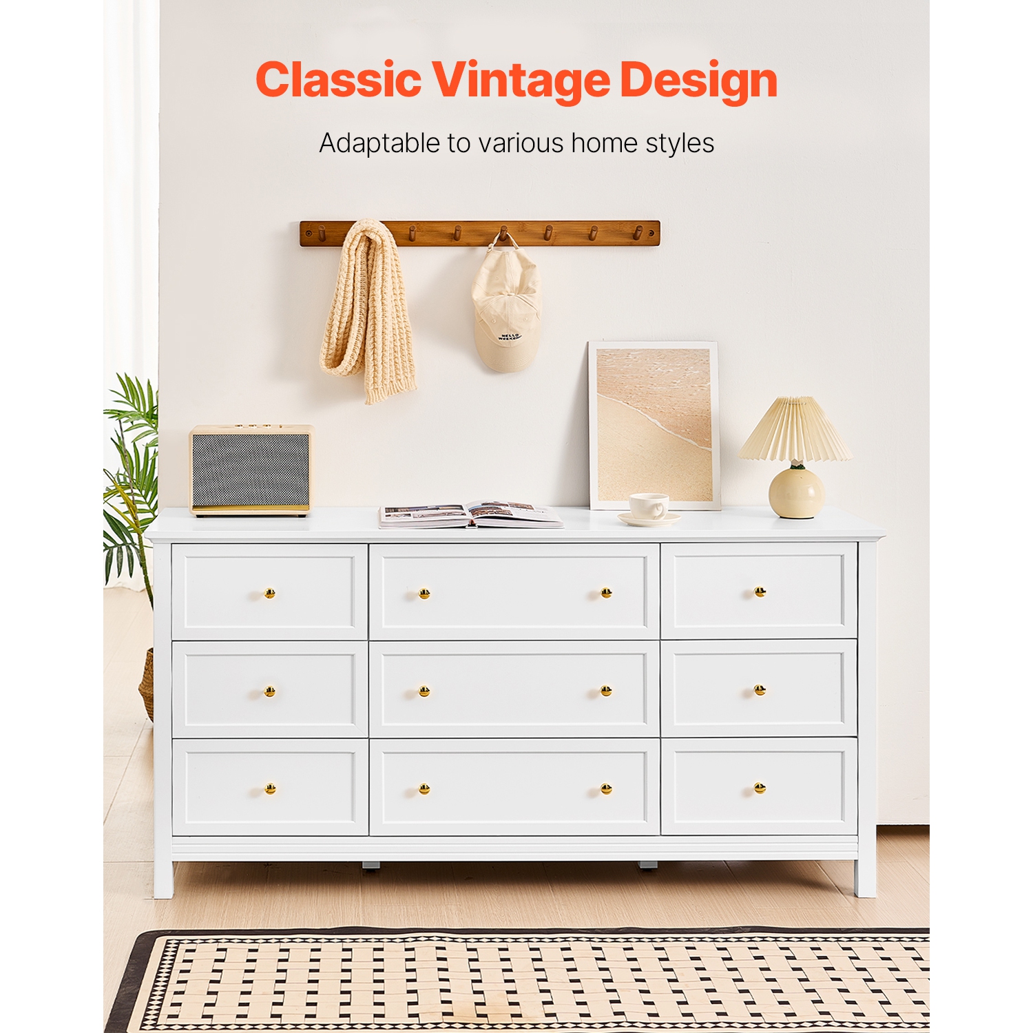 Commode à 9 tiroirs VEVOR, commode en bois avec dispositif coulissant et antibasculement, commode rétro minimaliste, range-tout pour meuble de