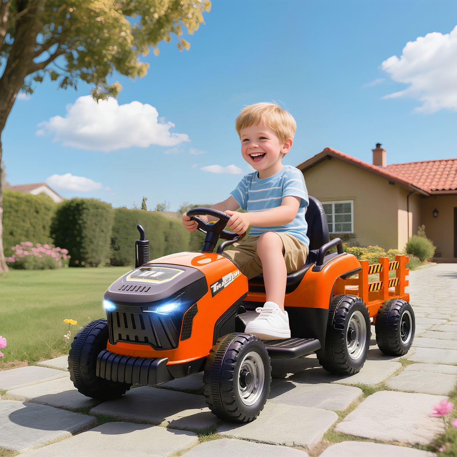Qaba Kids Ride On Tractor with Trailor, 12V Battery Powered Ride on Car with Remote Control, Music, Lights, Shifter, Electric Vehicle for Kids Ages