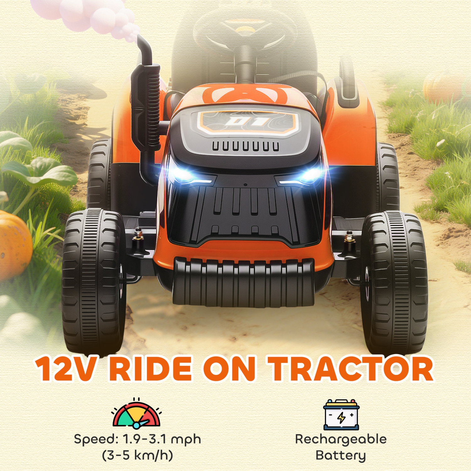 Qaba Kids Ride On Tractor with Trailor, 12V Battery Powered Ride on Car with Remote Control, Music, Lights, Shifter, Electric Vehicle for Kids Ages