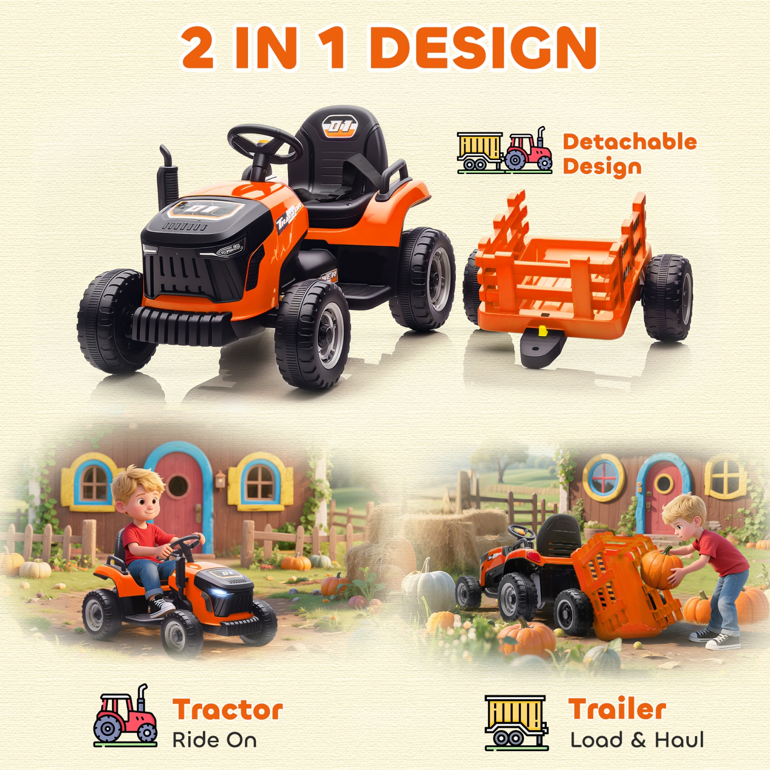 Qaba Kids Ride On Tractor with Trailor, 12V Battery Powered Ride on Car with Remote Control, Music, Lights, Shifter, Electric Vehicle for Kids Ages