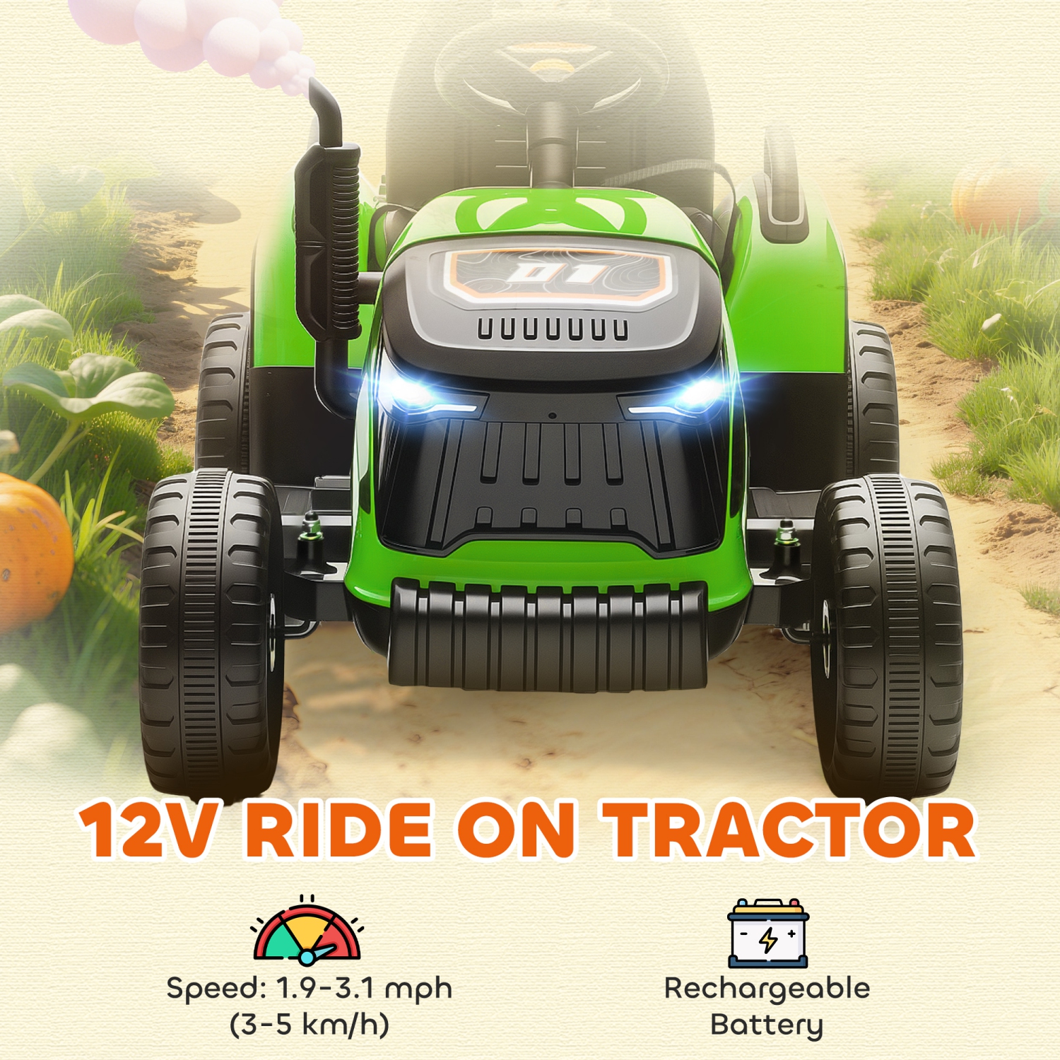 Qaba Kids Ride On Tractor with Trailor, 12V Battery Powered Ride on Car with Remote Control, Music, Lights, Shifter, Electric Vehicle for Kids Ages