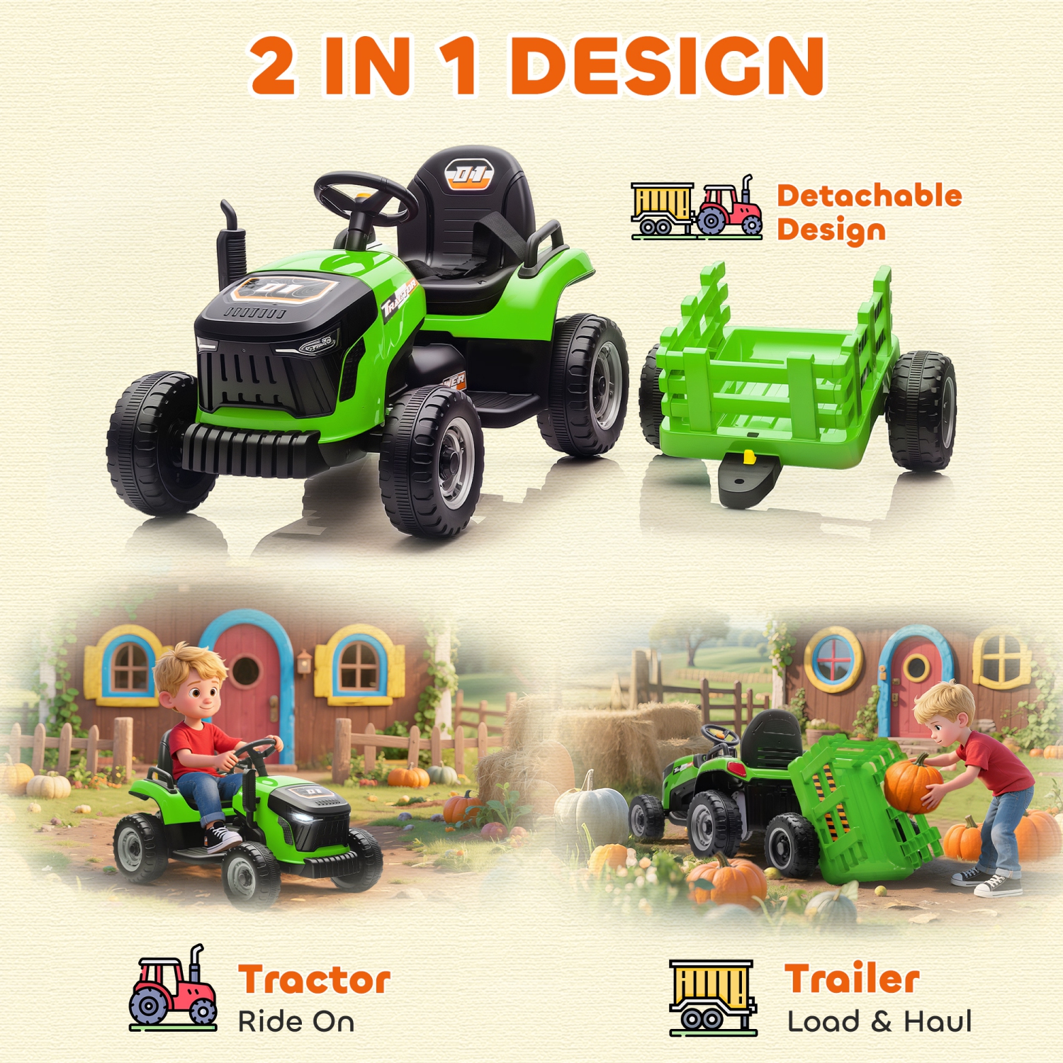 Qaba Kids Ride On Tractor with Trailor, 12V Battery Powered Ride on Car with Remote Control, Music, Lights, Shifter, Electric Vehicle for Kids Ages