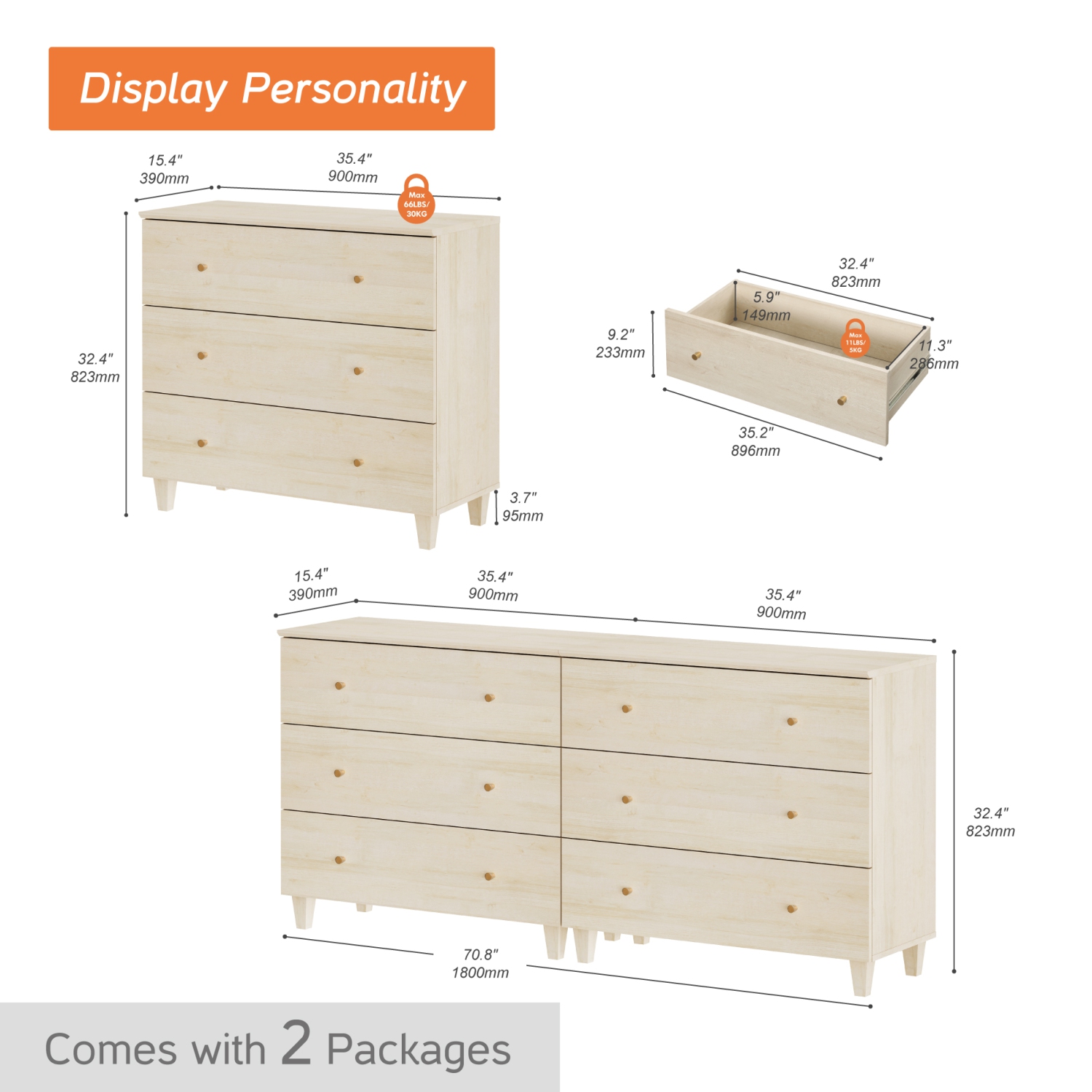 Commode WAMPAT pour chambre à coucher avec 6 tiroirs, commode de rangement large de 70,8&nbsp;po, range-tout moderne pour coffres, commode 2-en-1