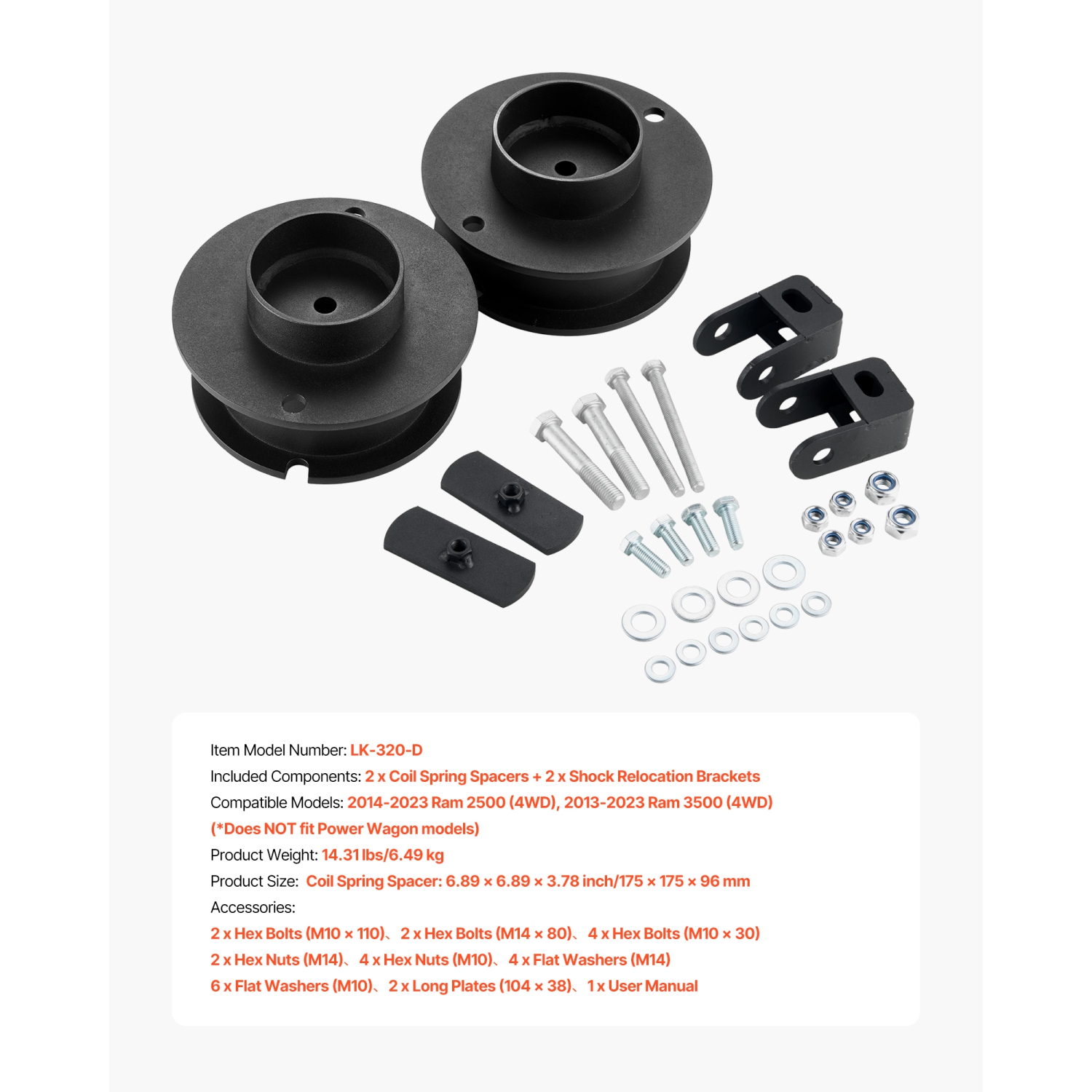 VEVOR 2.5 Inch Front Leveling Lift Kit for 2014-2023 Dodge Ram 2500 4WD, 2013-2023 Ram 3500 4WD, Chassis Level Kit with Coil Spring Spacers & Shock