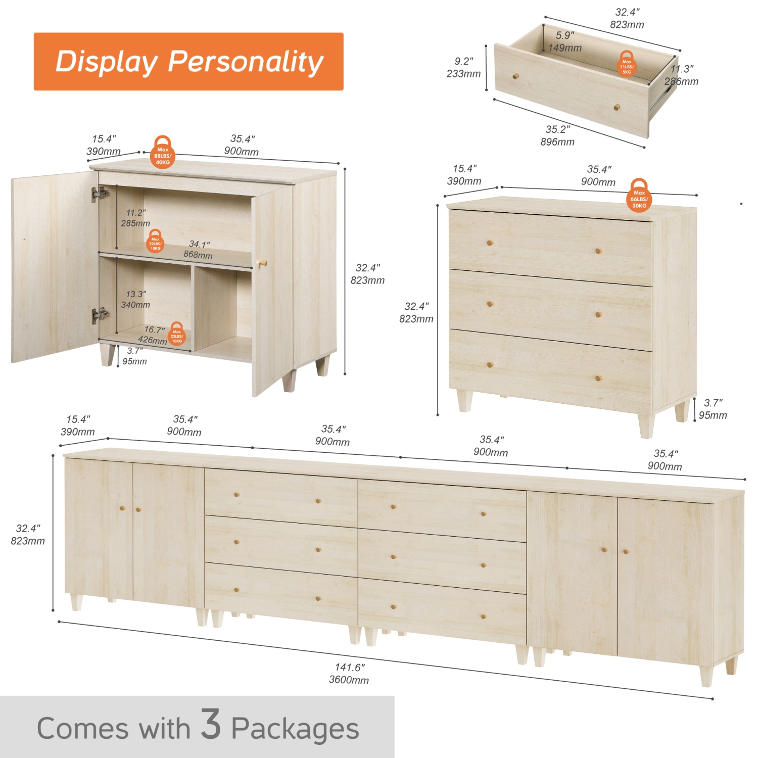 WAMPAT TV Standh for 110+ Inch TVs, 4-in-1 Modern Entertainment Center with 4 Doors and 6 Drawers, 142" Media Console Table with Compartments for