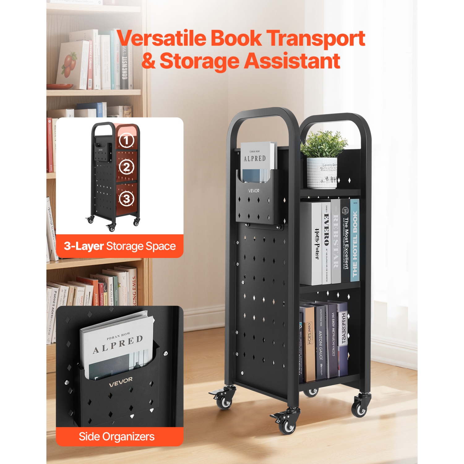 Chariot à livres à roulettes pour bibliothèque VEVOR 220&nbsp;lb, chariot de bibliothèque 12,6 x 13,8 x 36,8&nbsp;po, tablettes en L à un côté avec