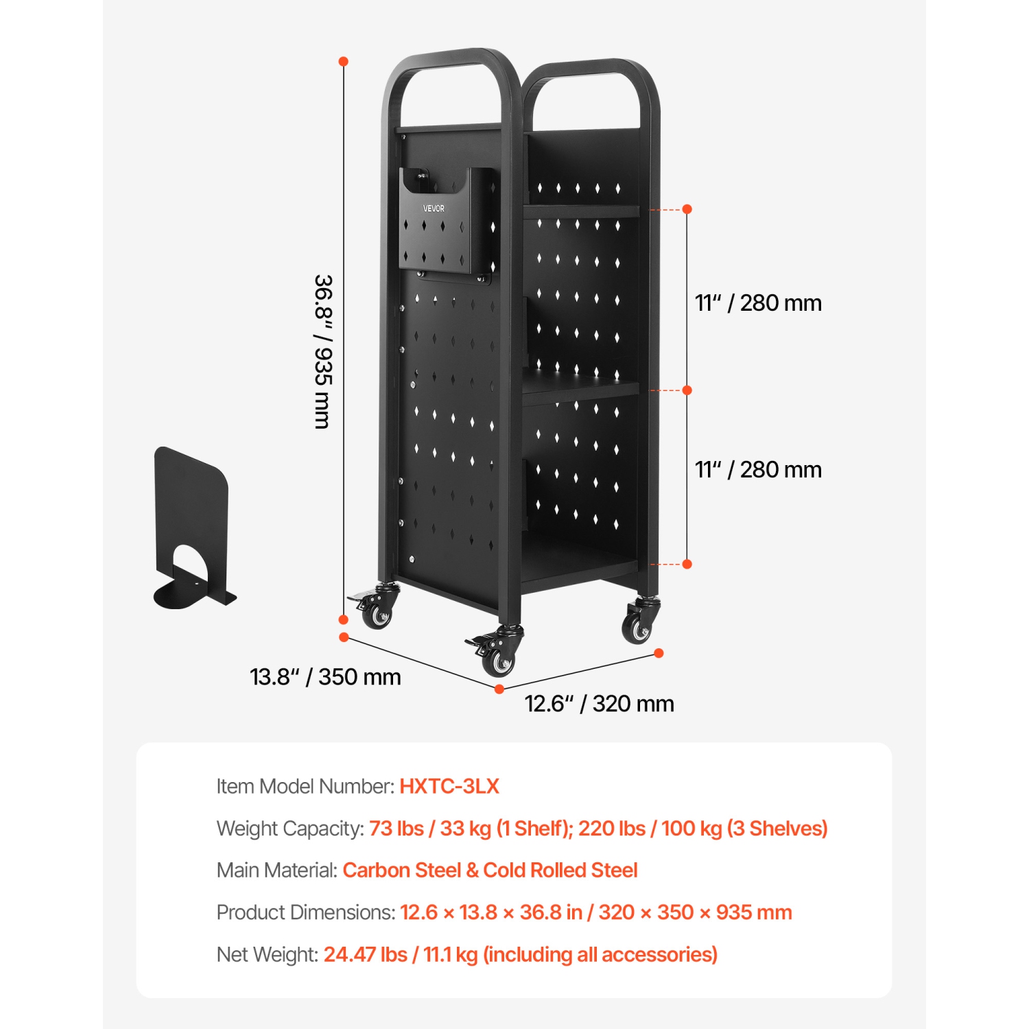 Chariot à livres à roulettes pour bibliothèque VEVOR 220&nbsp;lb, chariot de bibliothèque 12,6 x 13,8 x 36,8&nbsp;po, tablettes en L à un côté avec