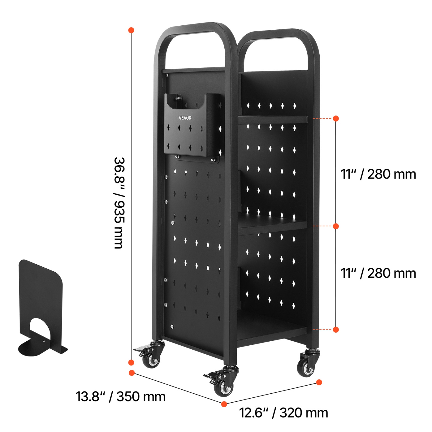 Chariot à livres à roulettes pour bibliothèque VEVOR 220&nbsp;lb, chariot de bibliothèque 12,6 x 13,8 x 36,8&nbsp;po, tablettes en L à un côté avec