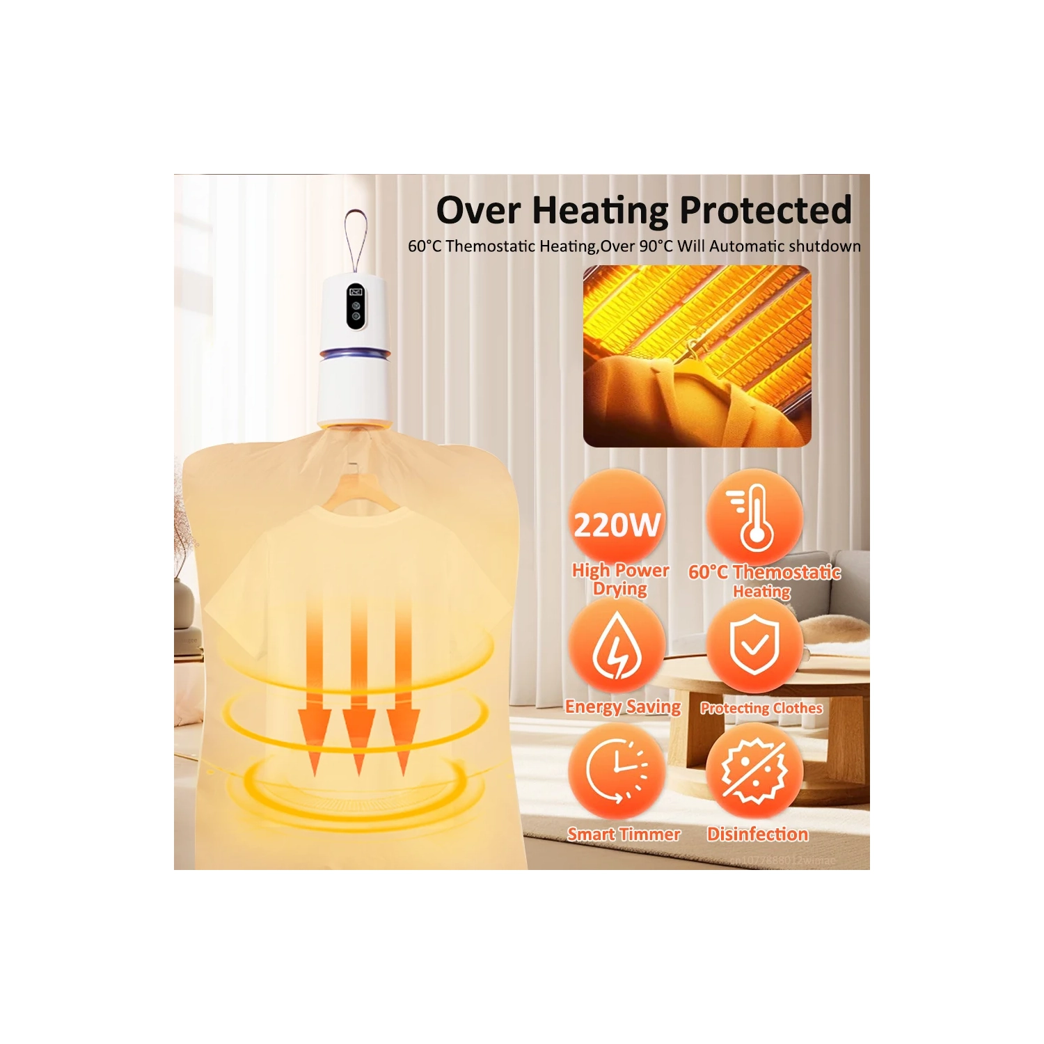 Souffleuse à air pliante Sèche-linge 8 engrenages à minuterie avec circulation de chauffage à 360° pour l'utilisation dans une résidence