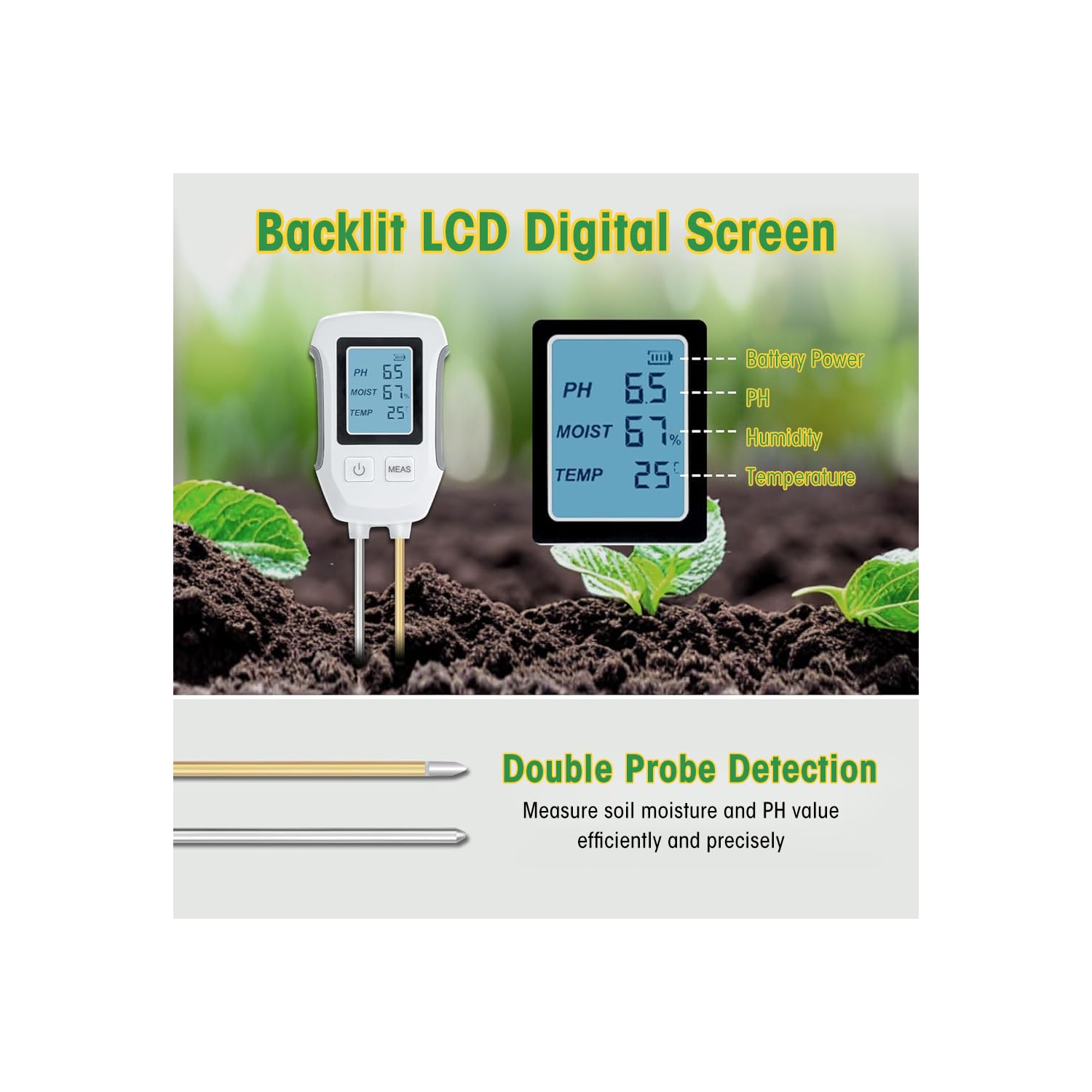 Soil Meter 3 in 1 Professional Dual Probes Soil Meter for Moisture /Temp/PH LCD Digital Soil Moisture Meter Precison Agriculture Soil Meter